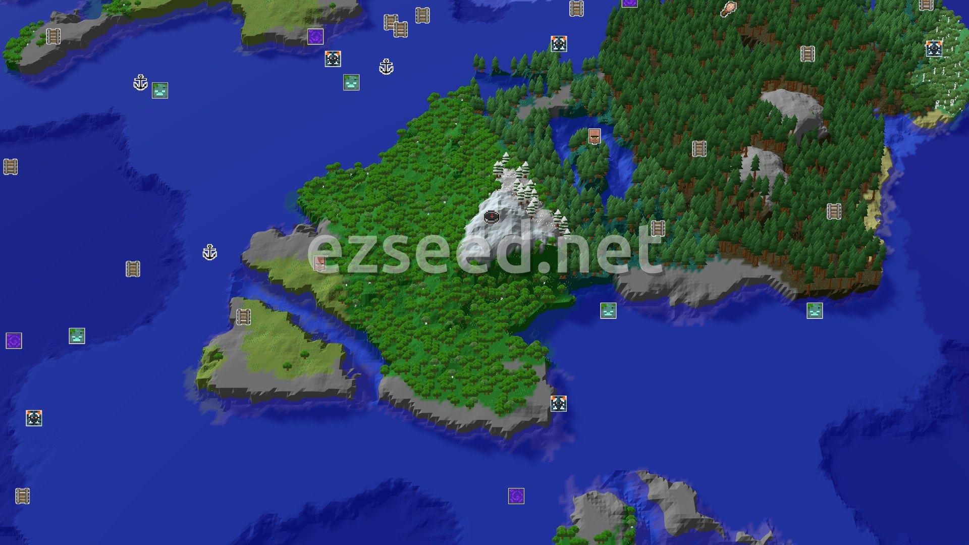 Aerial Minecraft seed map — Frozen Peaks Spawn with Close Structures and Ocean