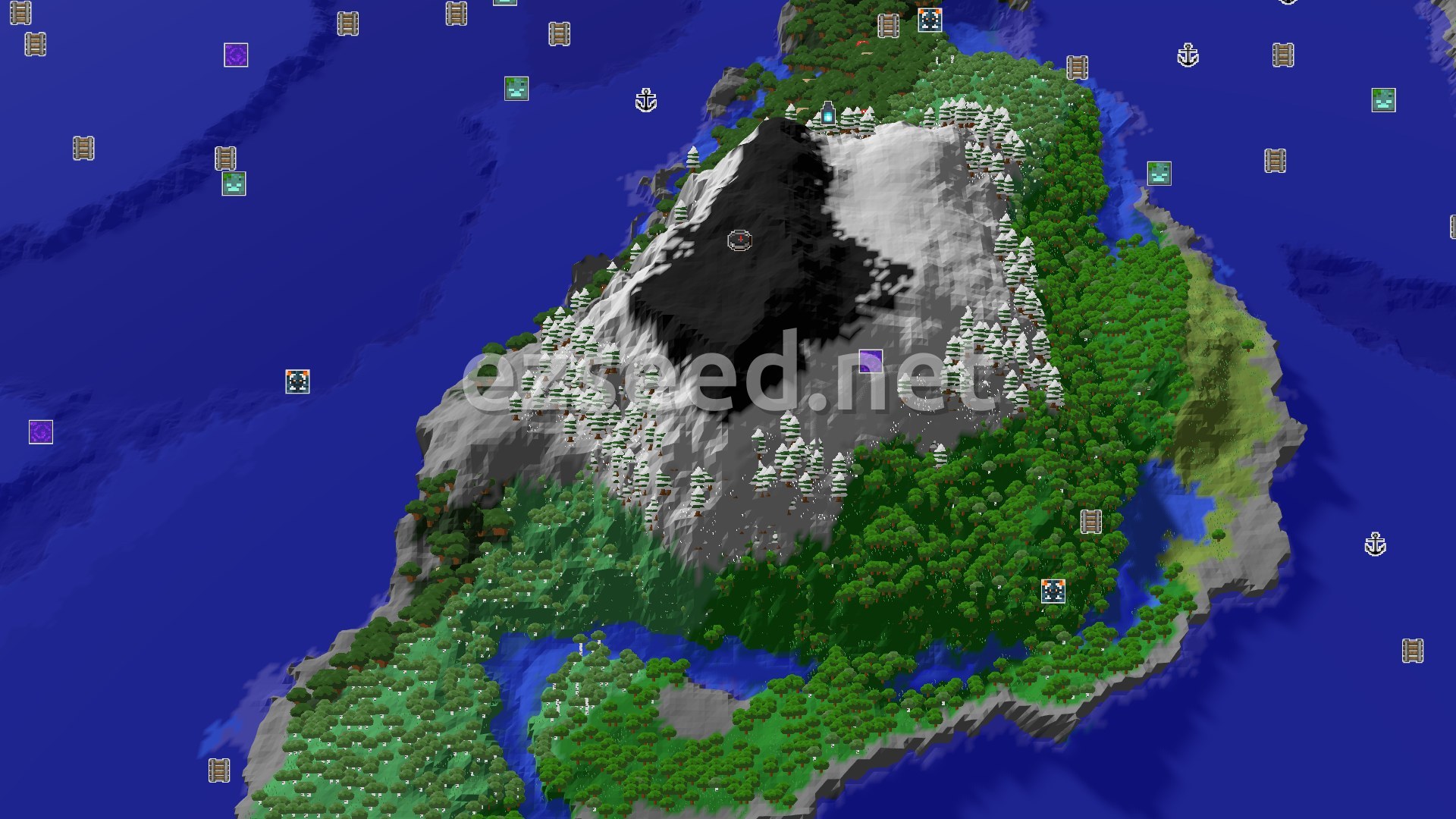 An aerial view of a large, snow-capped mountain range at the center, surrounded by dense forests. A winding river flows through the forest at the base of the mountains, leading out to a vast ocean. The spawn marker is visible on the mountain.
