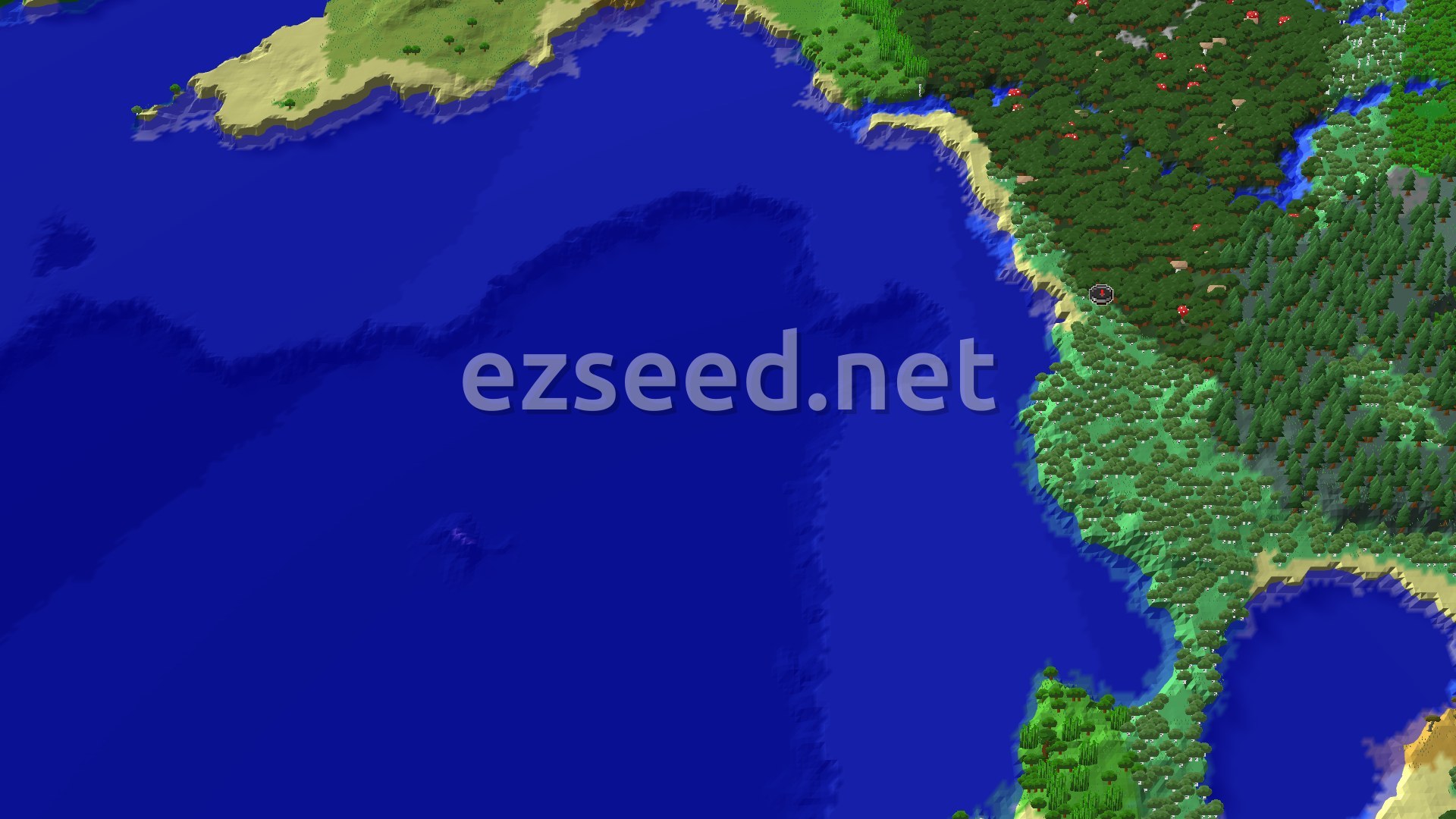 Aerial Minecraft seed map — Woodland Mansion Near Spawn Amidst Coastal Forests