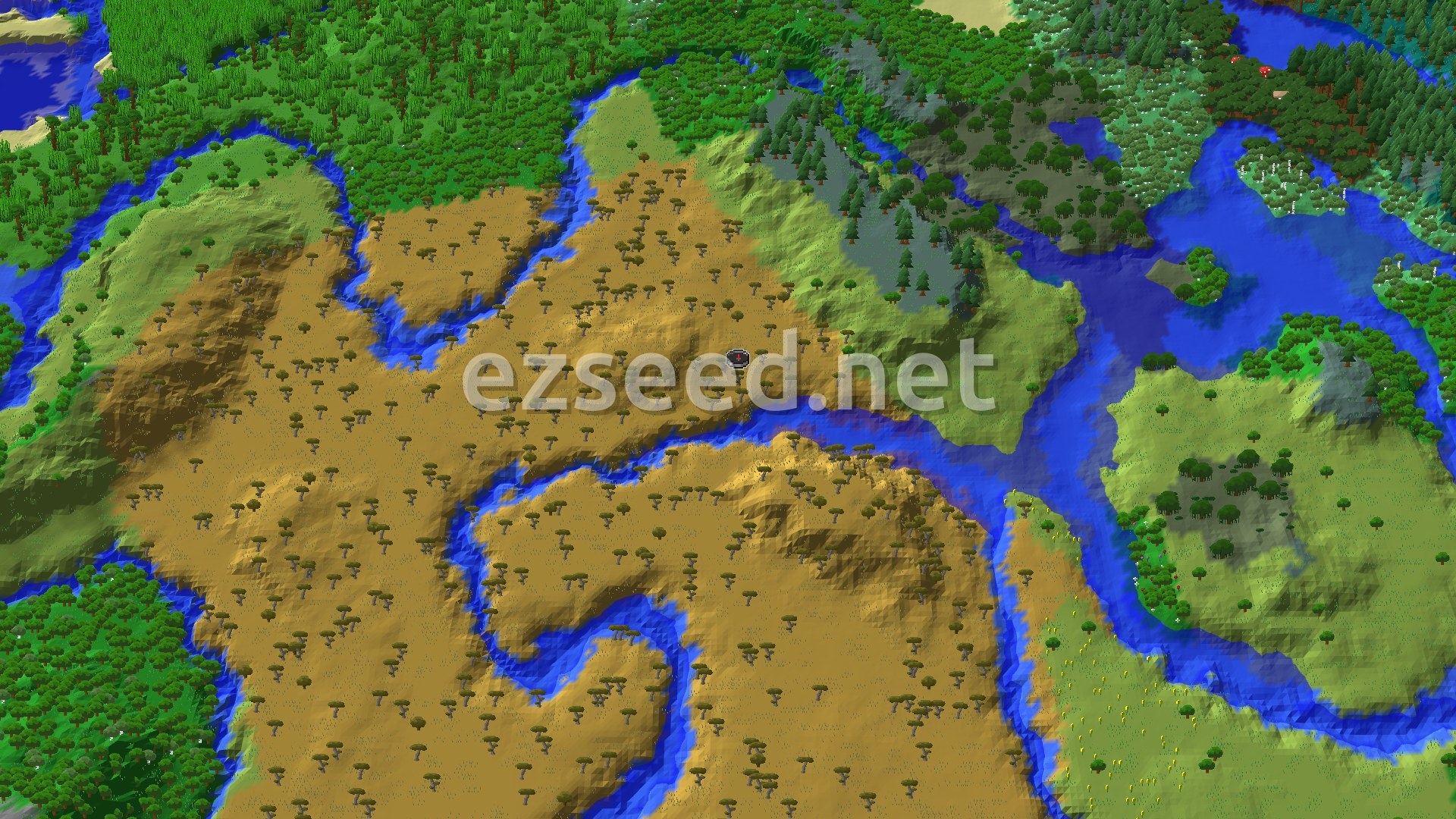 A 3D fly-over of a savanna biome with scattered acacia trees, bordered by rivers and patches of forest, with the spawn point marked in the center.
