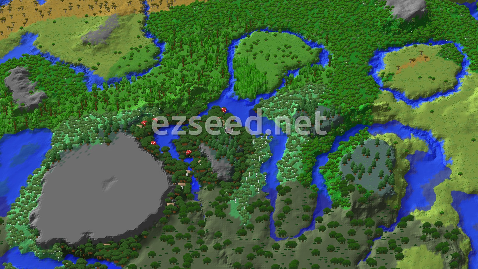 Aerial Minecraft seed map — Spawn in Windswept Forest With Nearby Jungle
