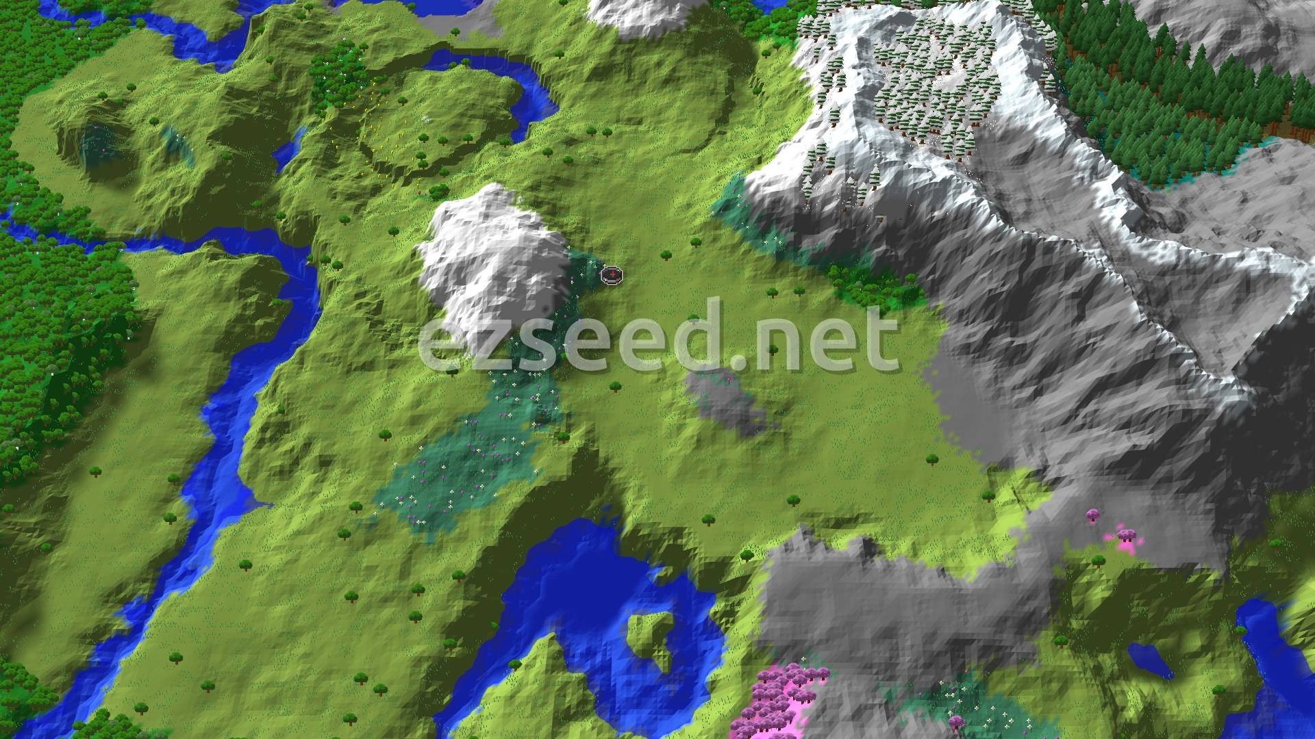 Aerial Minecraft seed map — Spawn in Plains with Nearby Village and Ancient City