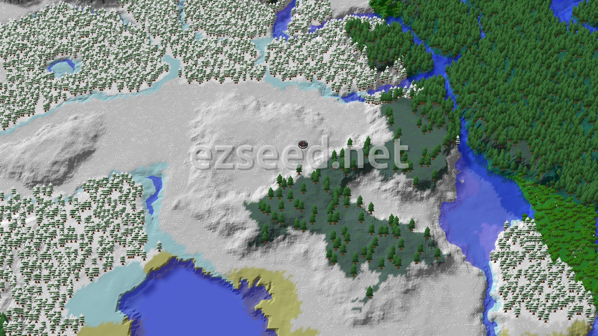 Aerial Minecraft seed map — Snowy Plains Spawn with Nearby Mineshaft and Trial Chambers