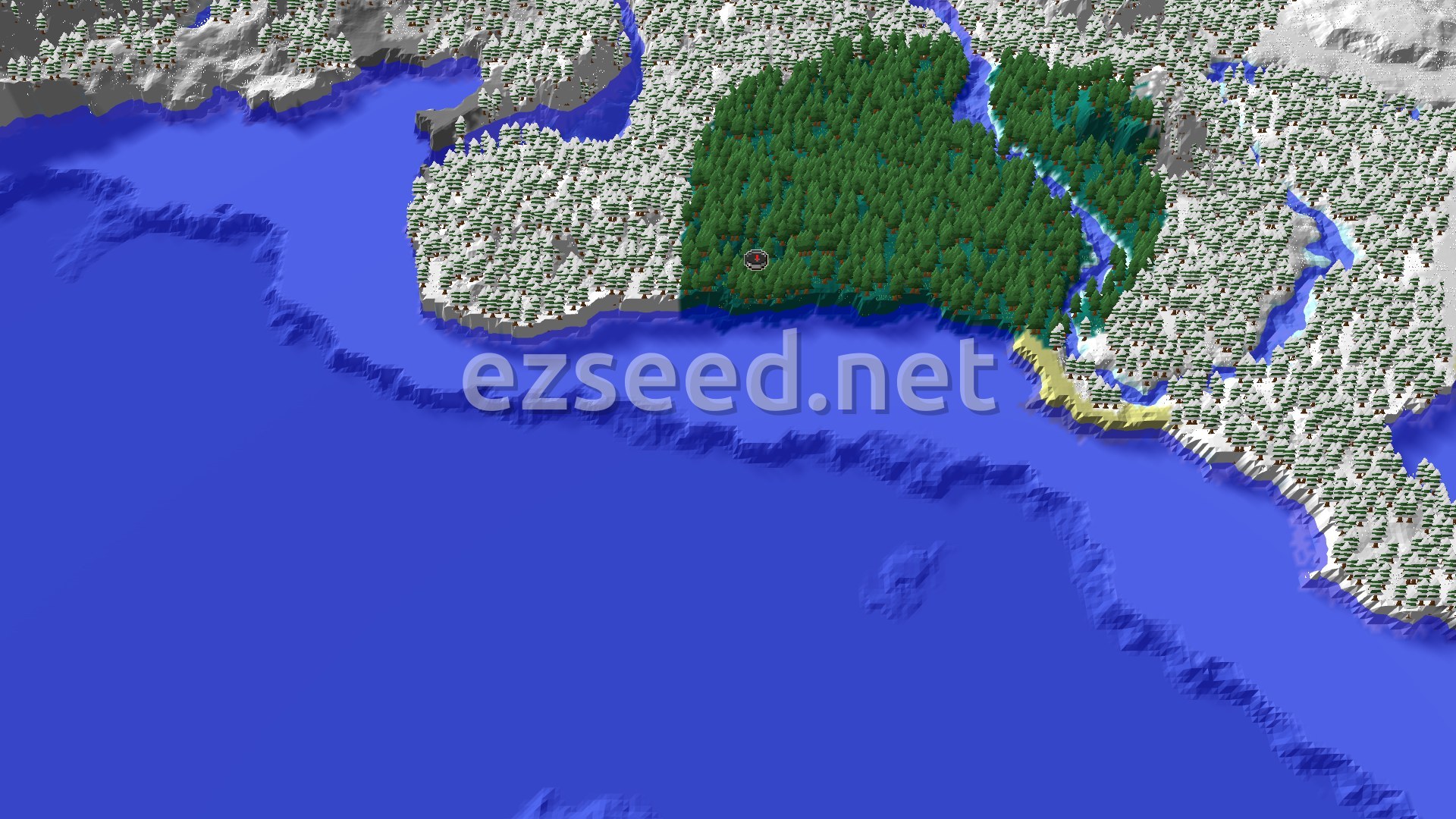 Aerial Minecraft seed map — A Taiga Start with Nearby Ruins and Snowy Peaks