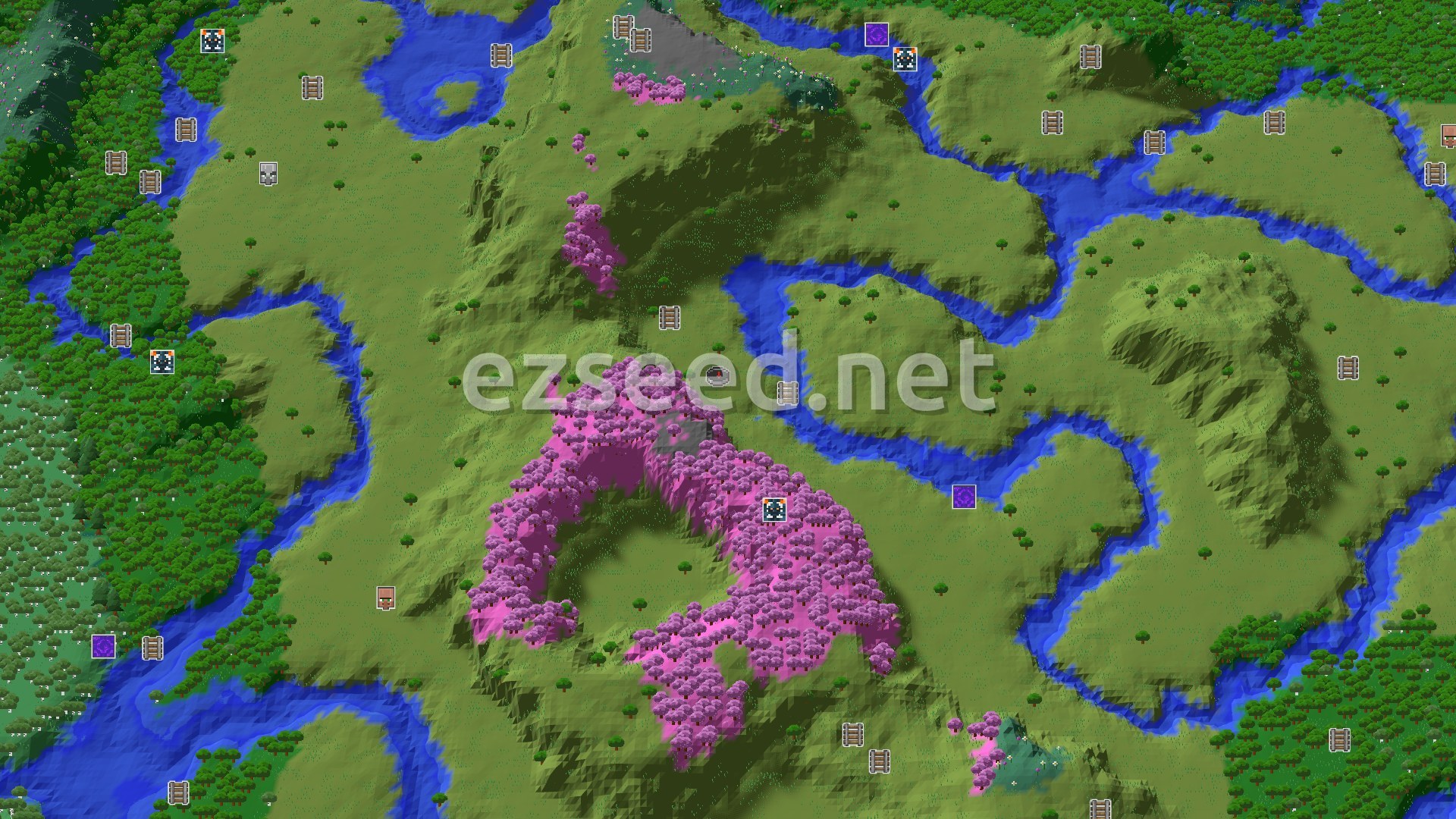 Aerial Minecraft seed map — Cherry Grove Hills and River Valley Start