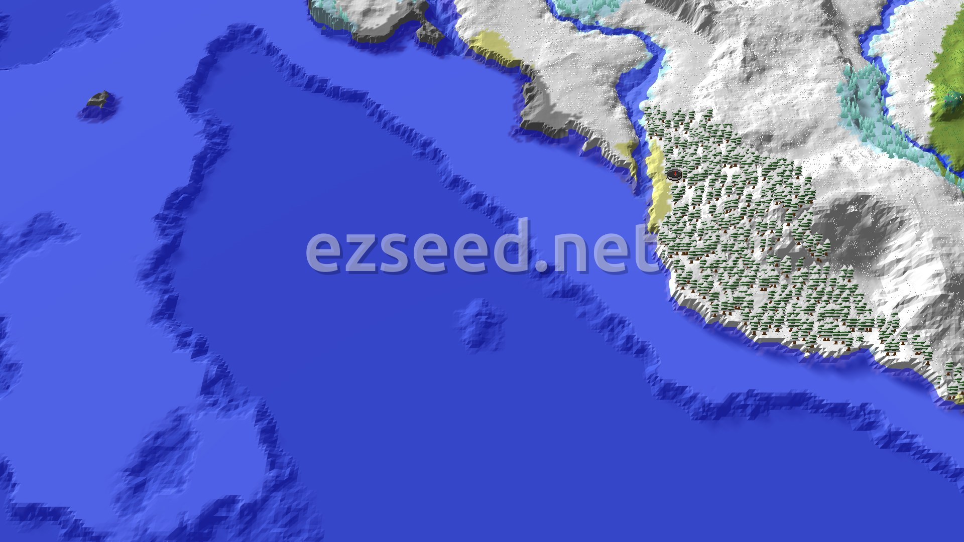 A 3D render of a snowy landscape with a dense snowy taiga forest near the coast, next to a vast frozen ocean. White mountains rise in the background.