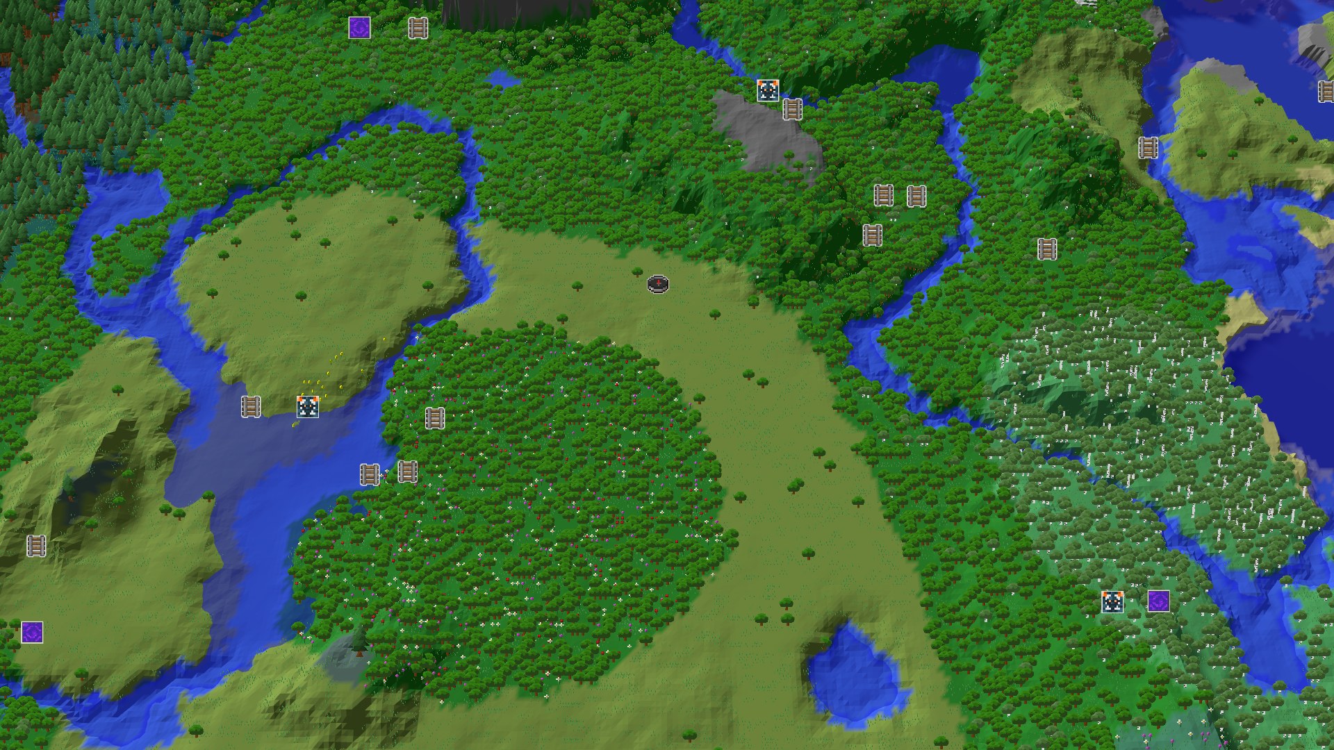 A bird's-eye view of a largely flat plains biome, dotted with trees, surrounded by dense forests and winding rivers. A small spawn marker is in the center.