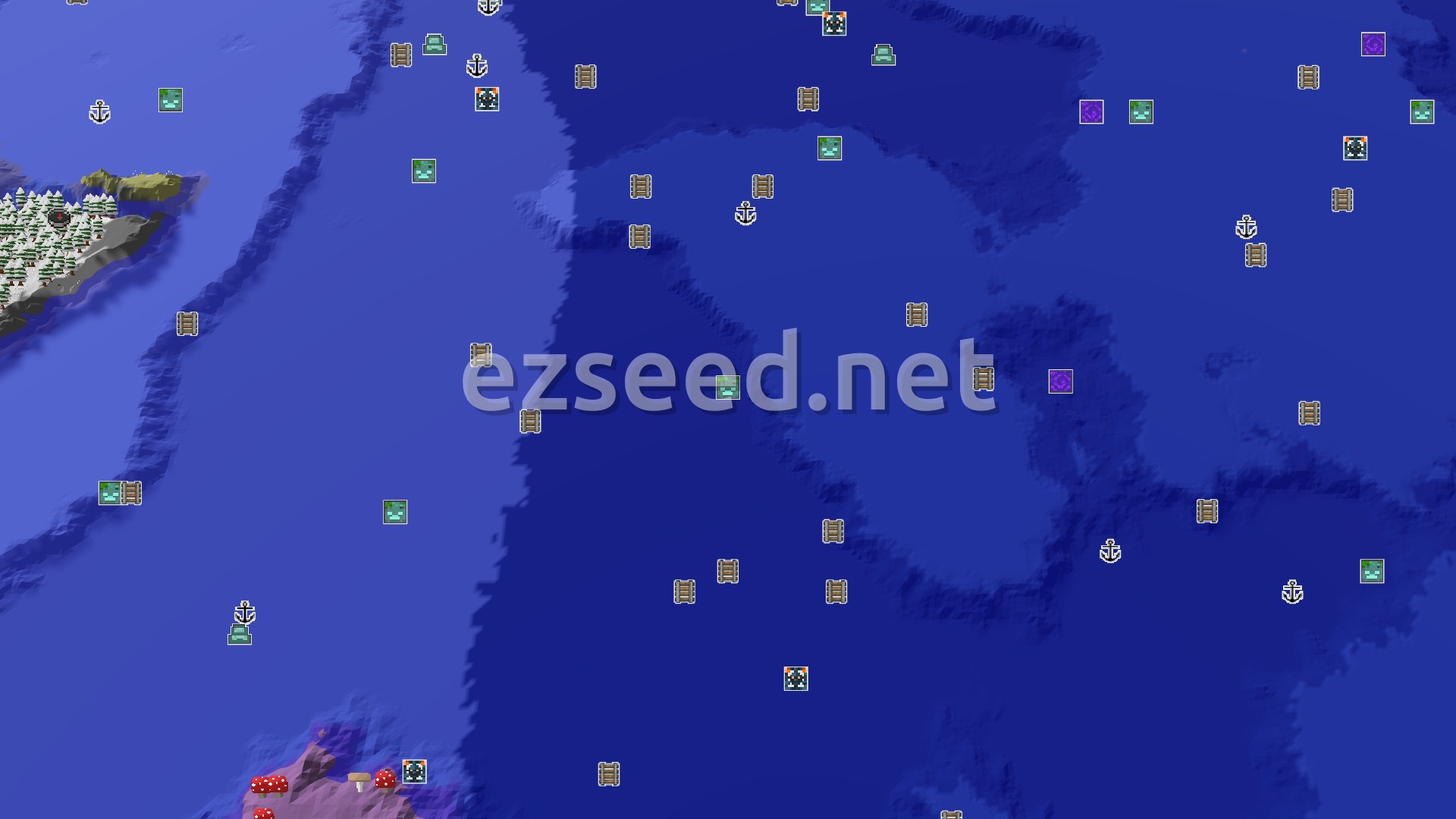 Aerial Minecraft seed map — Spawn in a Snowy Taiga with a Nearby Mineshaft