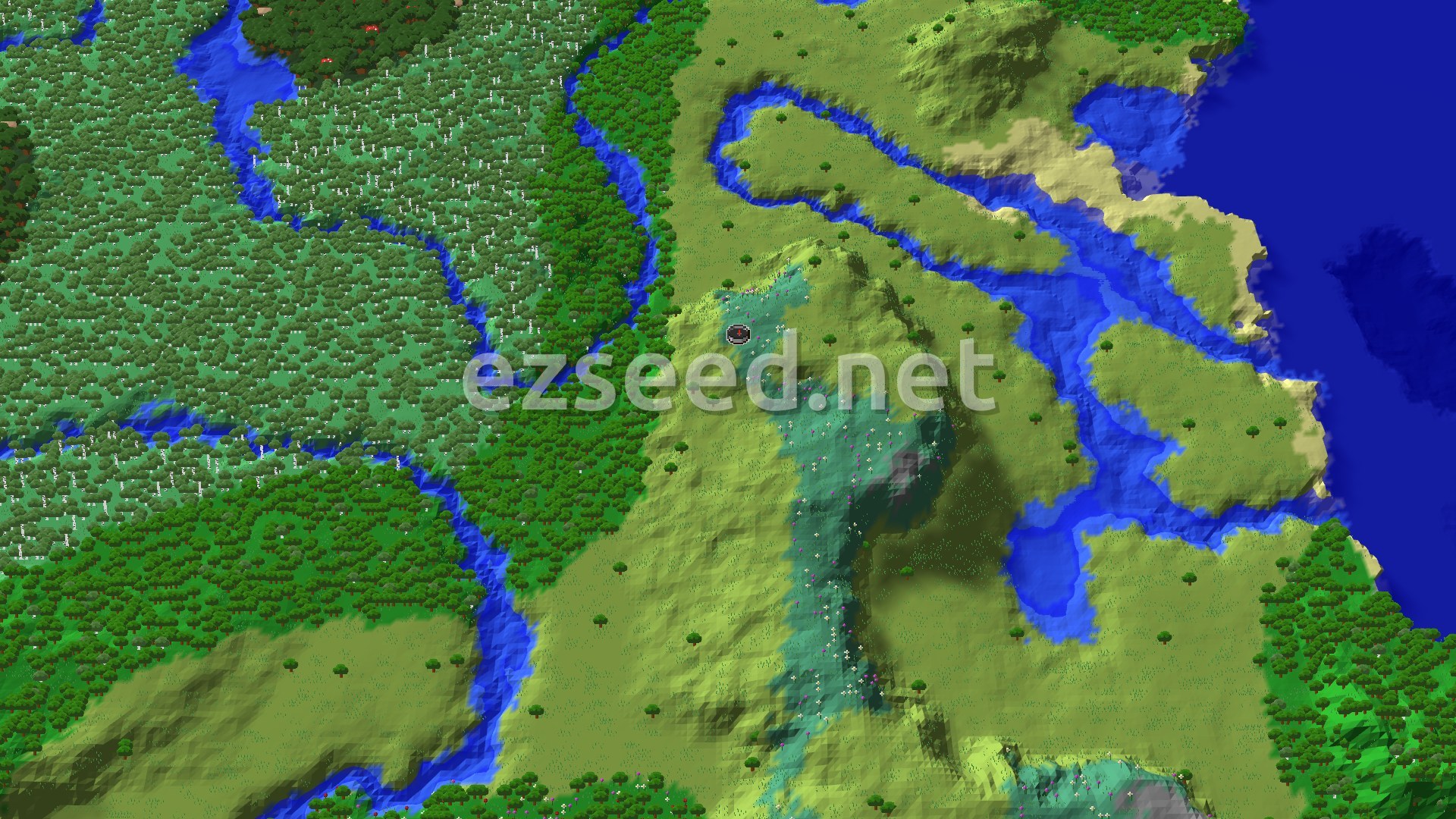 Aerial Minecraft seed map — Abandoned Village and Trial Chambers Near Spawn