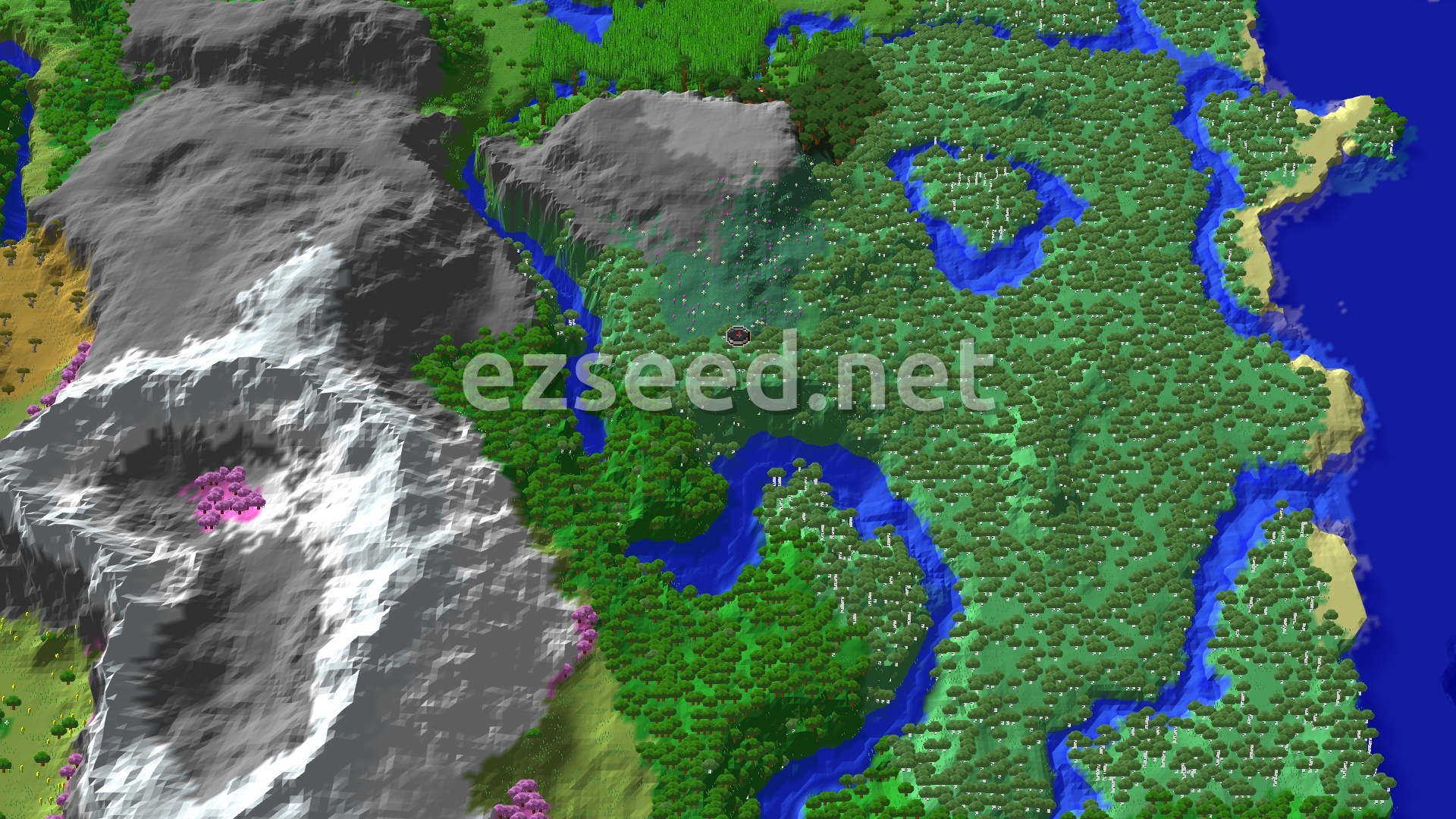 Aerial Minecraft seed map — Cherry Grove Mountains near Ancient City