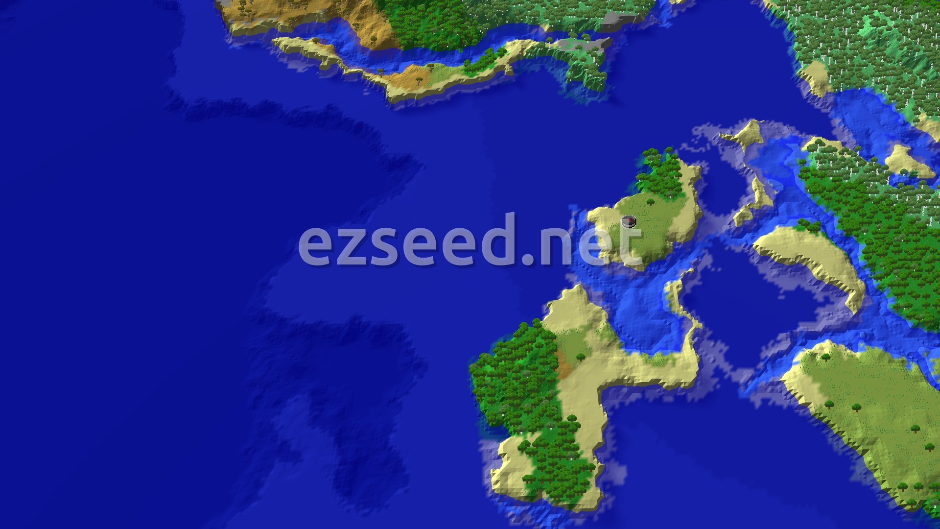 Aerial Minecraft seed map — A Lush Forested Coastline with Nearby Ocean Ruins