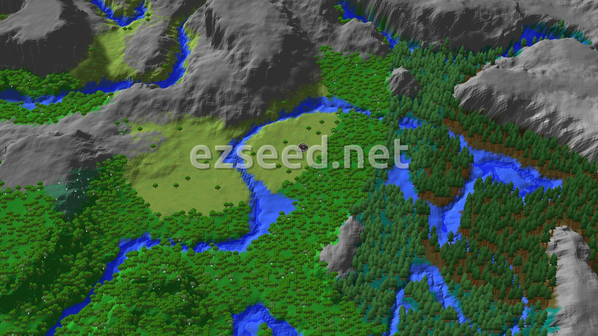 An aerial view of a mostly forested landscape with a small plains biome at the center, marked with a spawn point. Rivers cut through the terrain, and mountains rise in the distance.