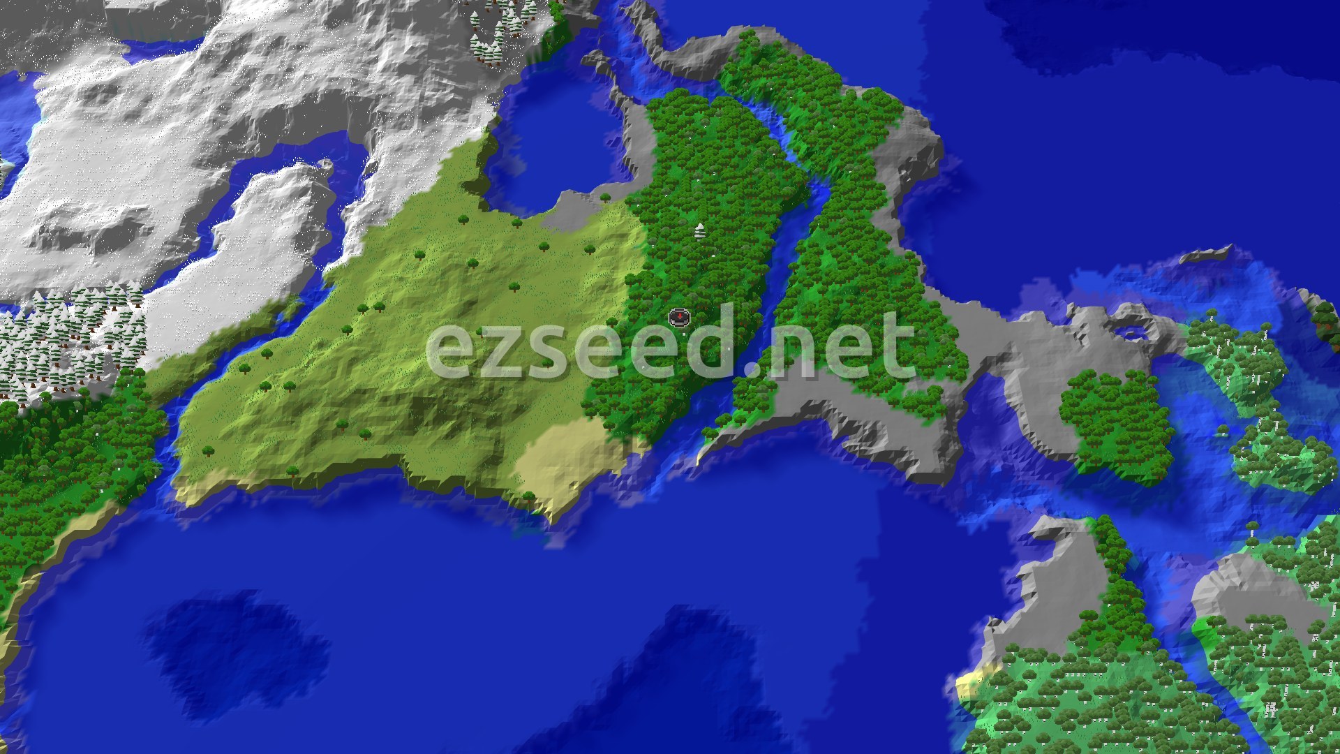 Aerial Minecraft seed map — Forest Spawn with Nearby Mineshaft and Coastal Views