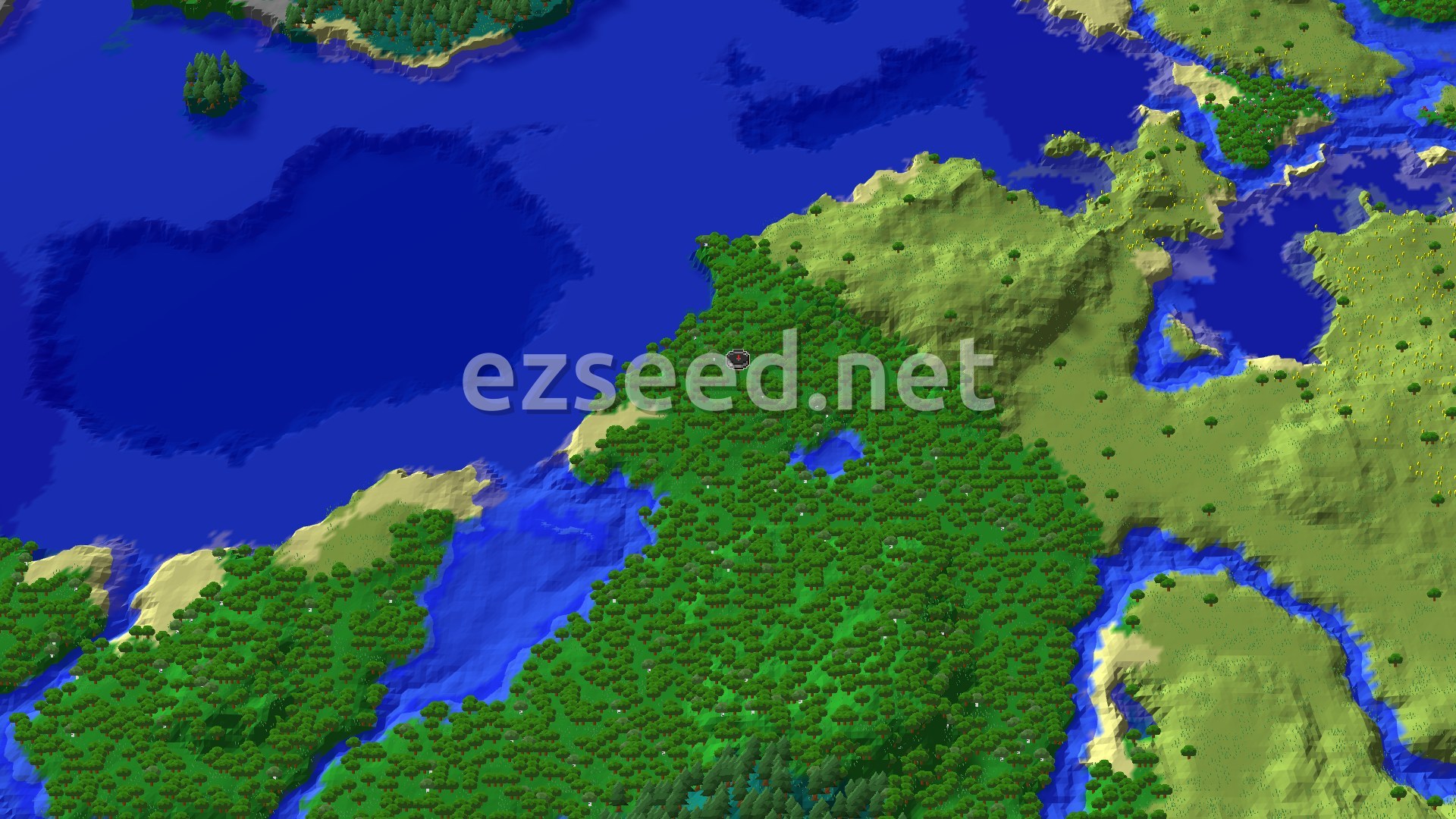 A 3D overhead view of a diverse landscape featuring a large forest, a sandy beach, and a vast ocean with a small island, all under a clear blue sky. A small marker indicates the spawn point within the forest.
