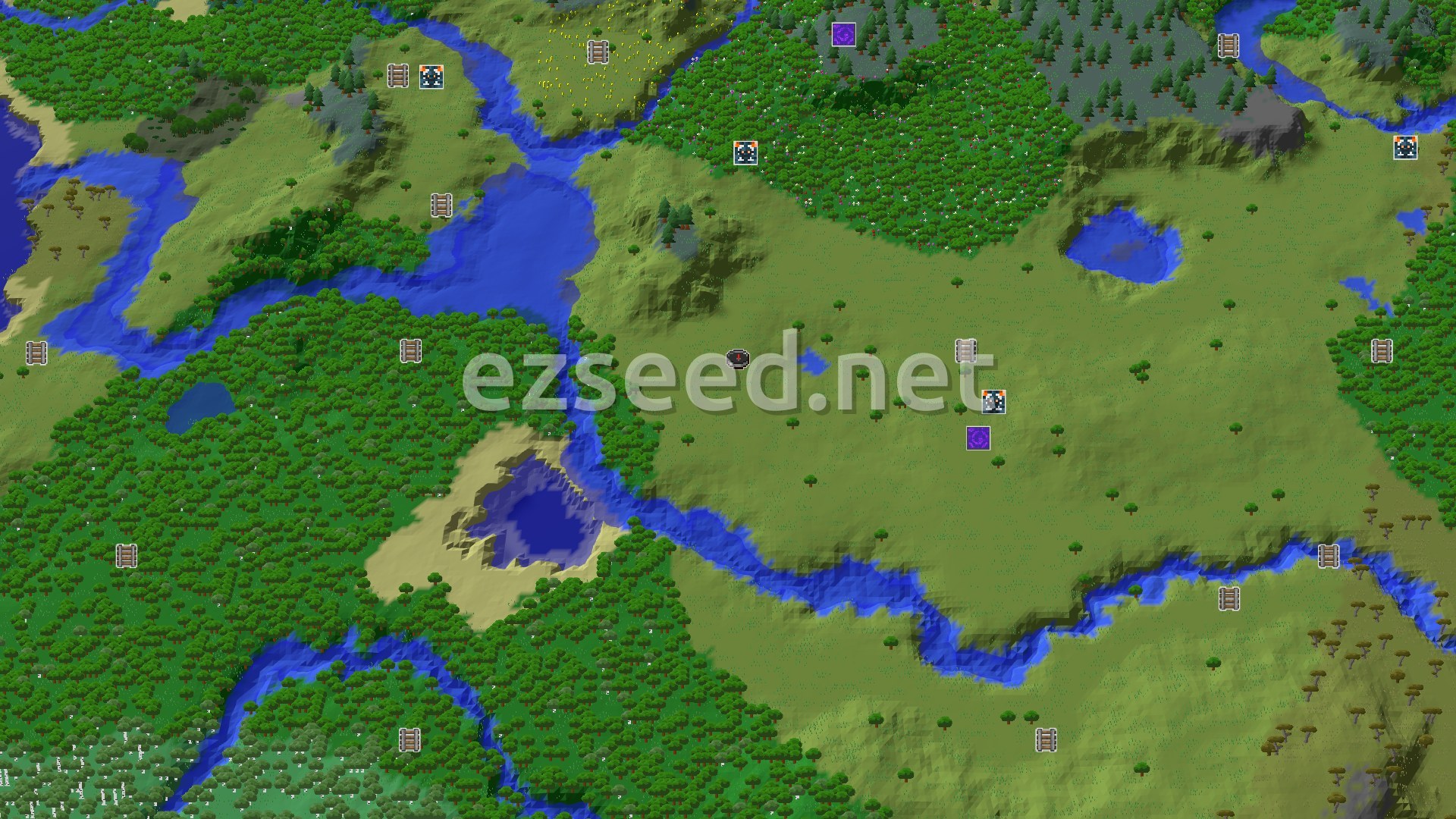 Aerial Minecraft seed map — Spawn in Plains with Nearby Mineshaft and Trial Chambers