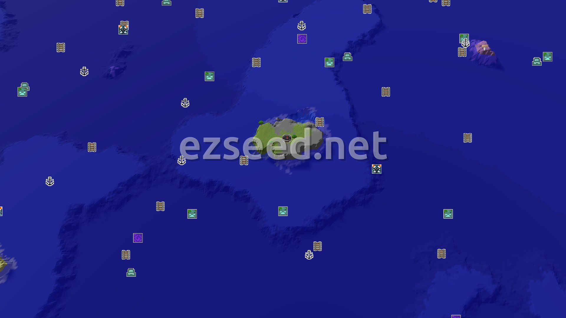 Aerial Minecraft seed map — Ocean Spawner Island with a Nearby Mushroom Field
