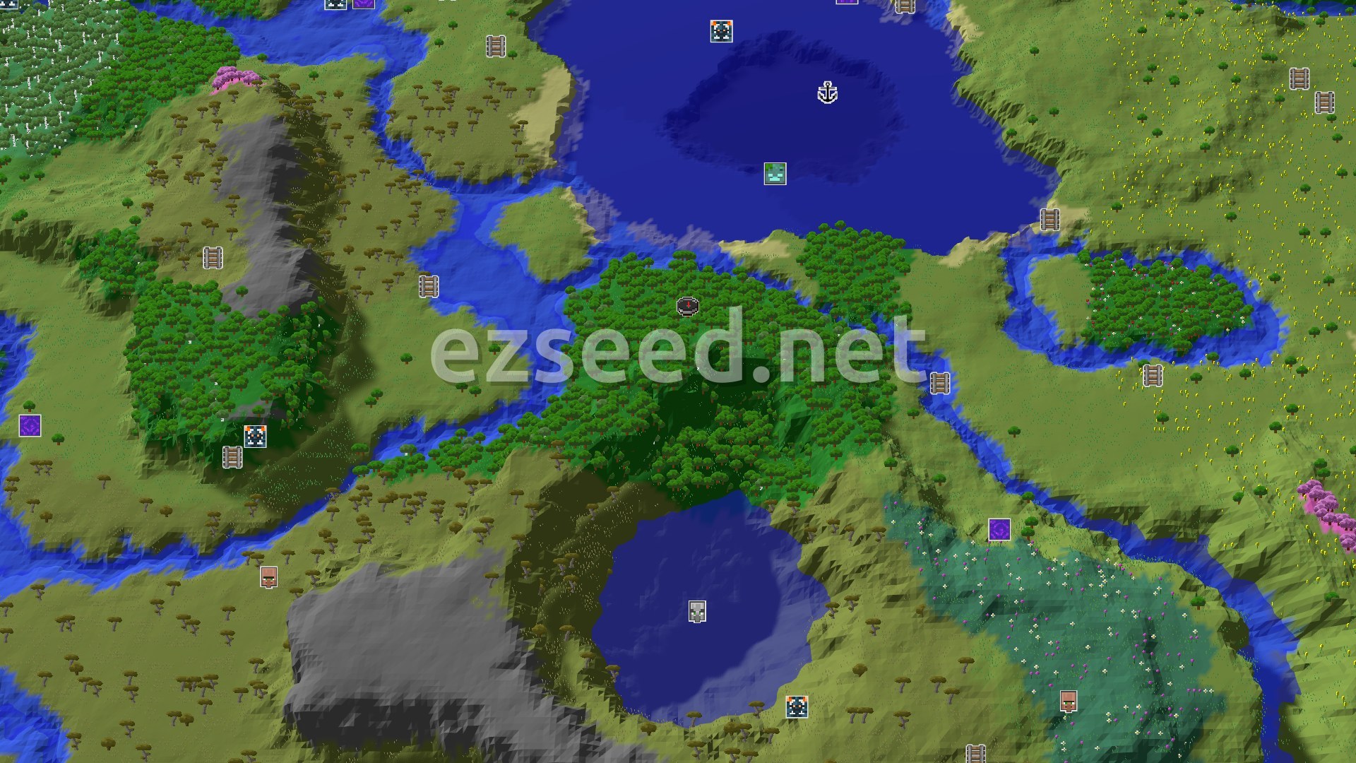 Aerial Minecraft seed map — Forest Spawn with Savanna and Cherry Grove Nearby