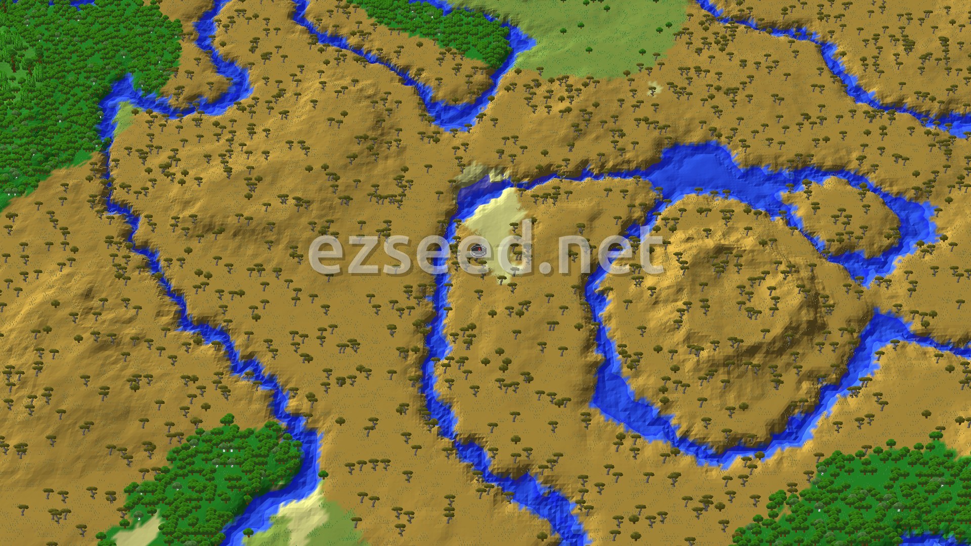 Aerial Minecraft seed map — Savanna Start with a Close Trial Chambers