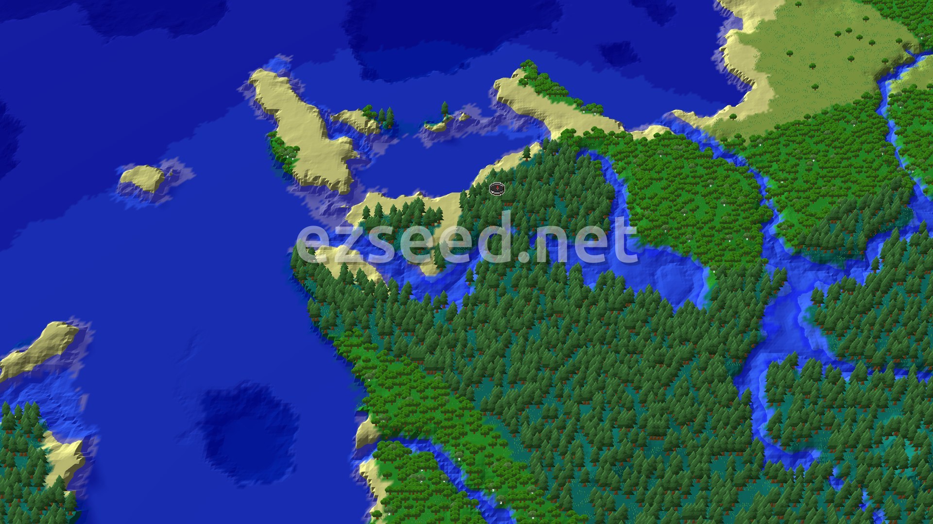 Aerial Minecraft seed map — A Taiga Start with Buried Treasure and Shipwreck