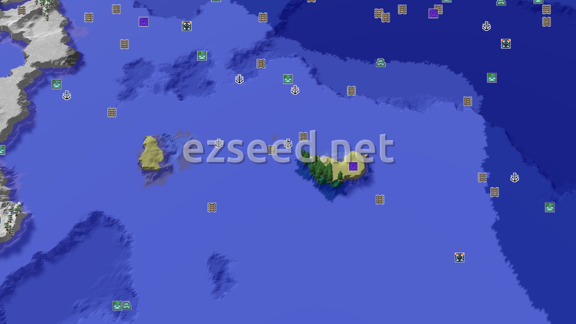 Aerial Minecraft seed map — Frozen Ocean World with Nearby Trial Chambers