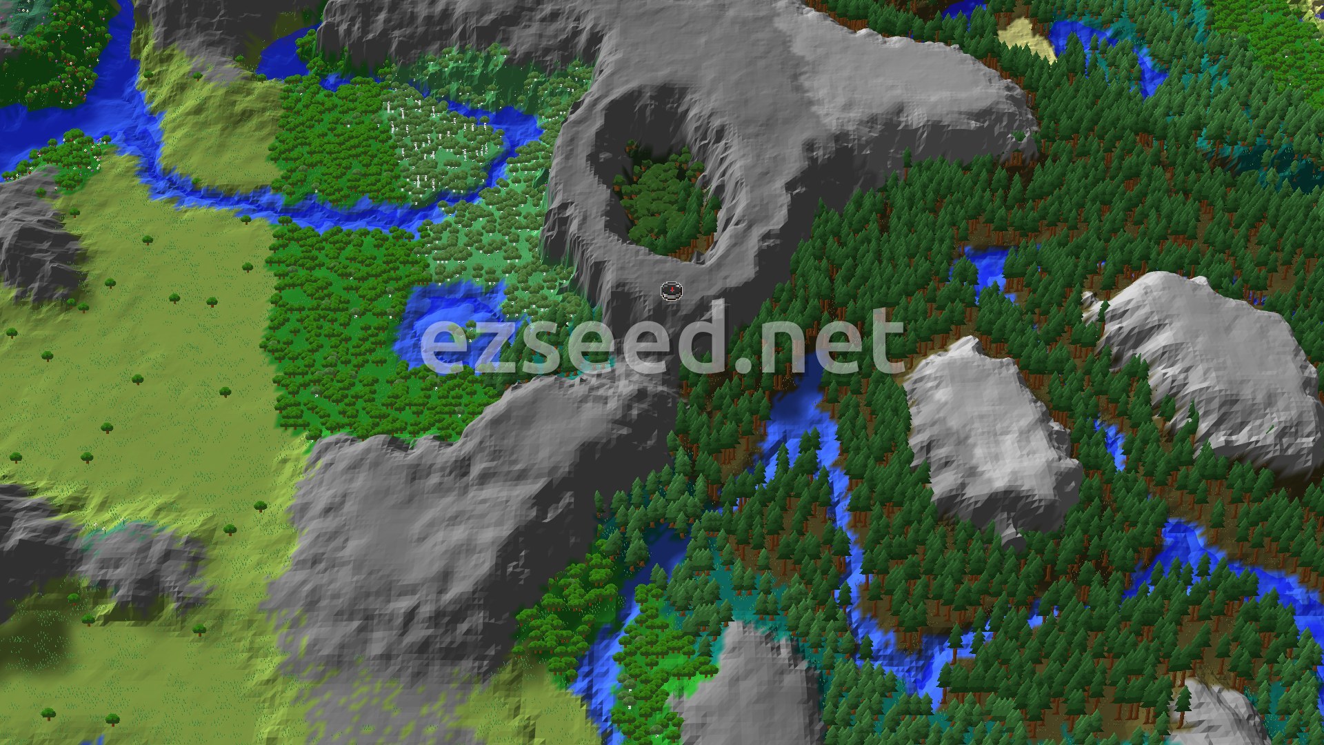 Aerial Minecraft seed map — Spawn in a Spruce Taiga Near an Ancient City