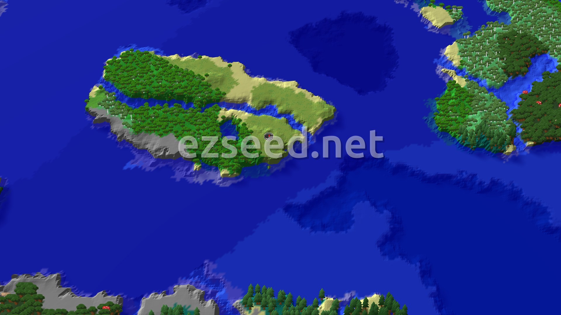 Aerial Minecraft seed map — Island Spawn with Nearby Trial Chambers