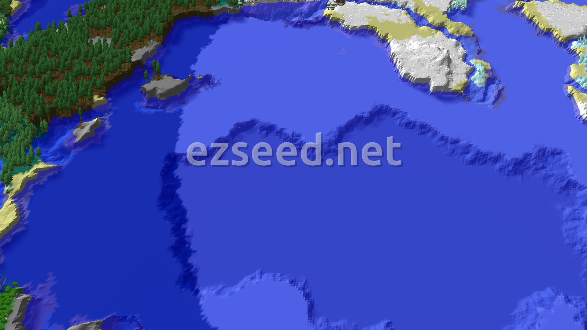 Aerial Minecraft seed map — Frozen Ocean and Taiga with Nearby Trial Chambers