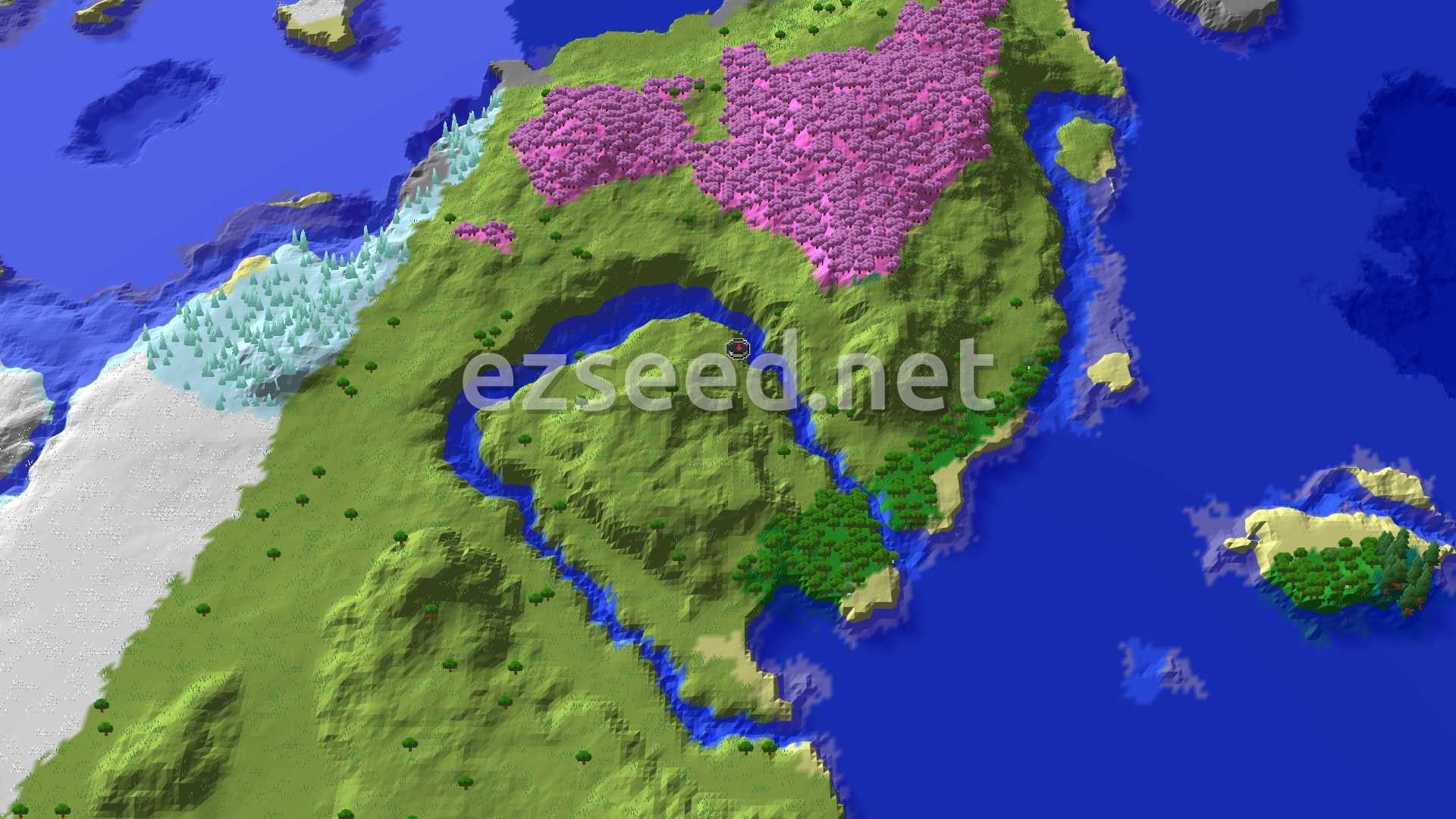 Aerial Minecraft seed map — Cherry Grove and Snowy Peaks Near a Plains Spawn