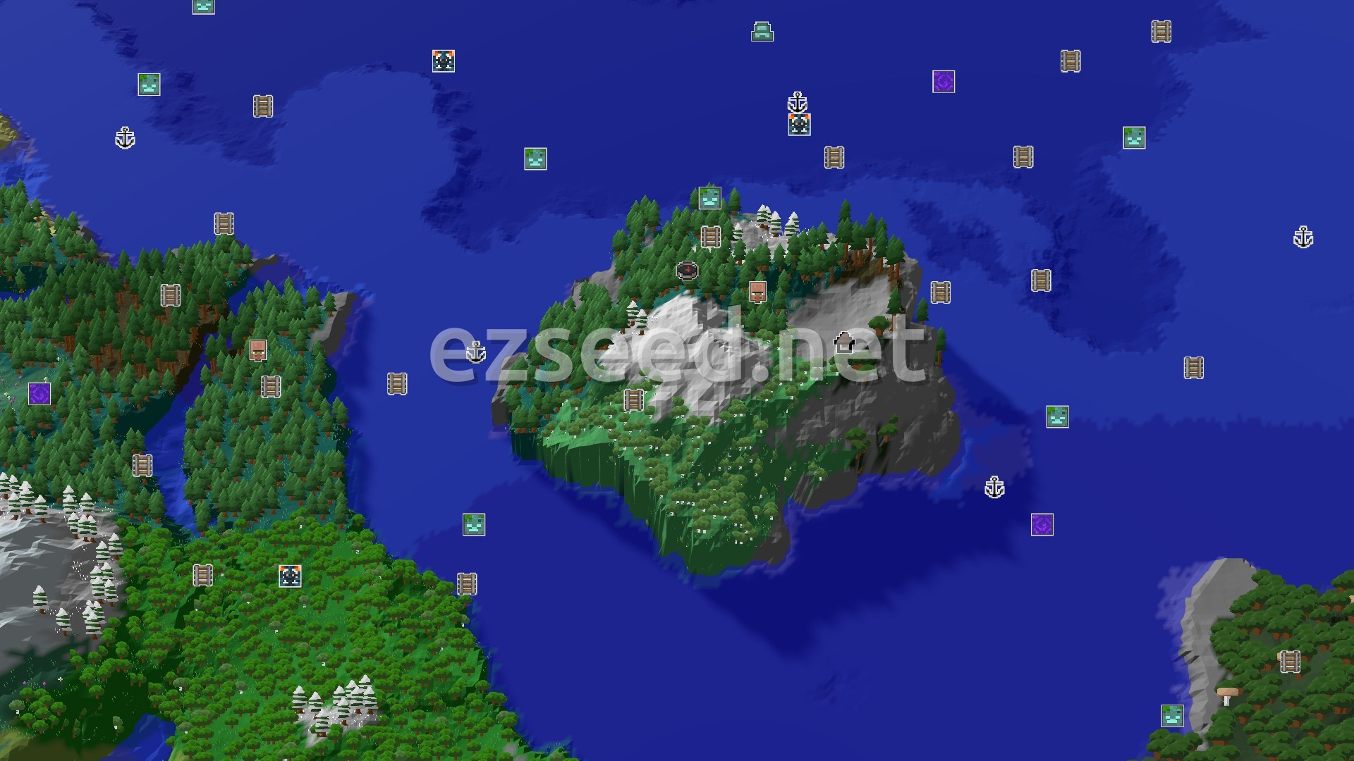 Aerial Minecraft seed map — A Taiga Spawn with Nearby Village and Varied Biomes