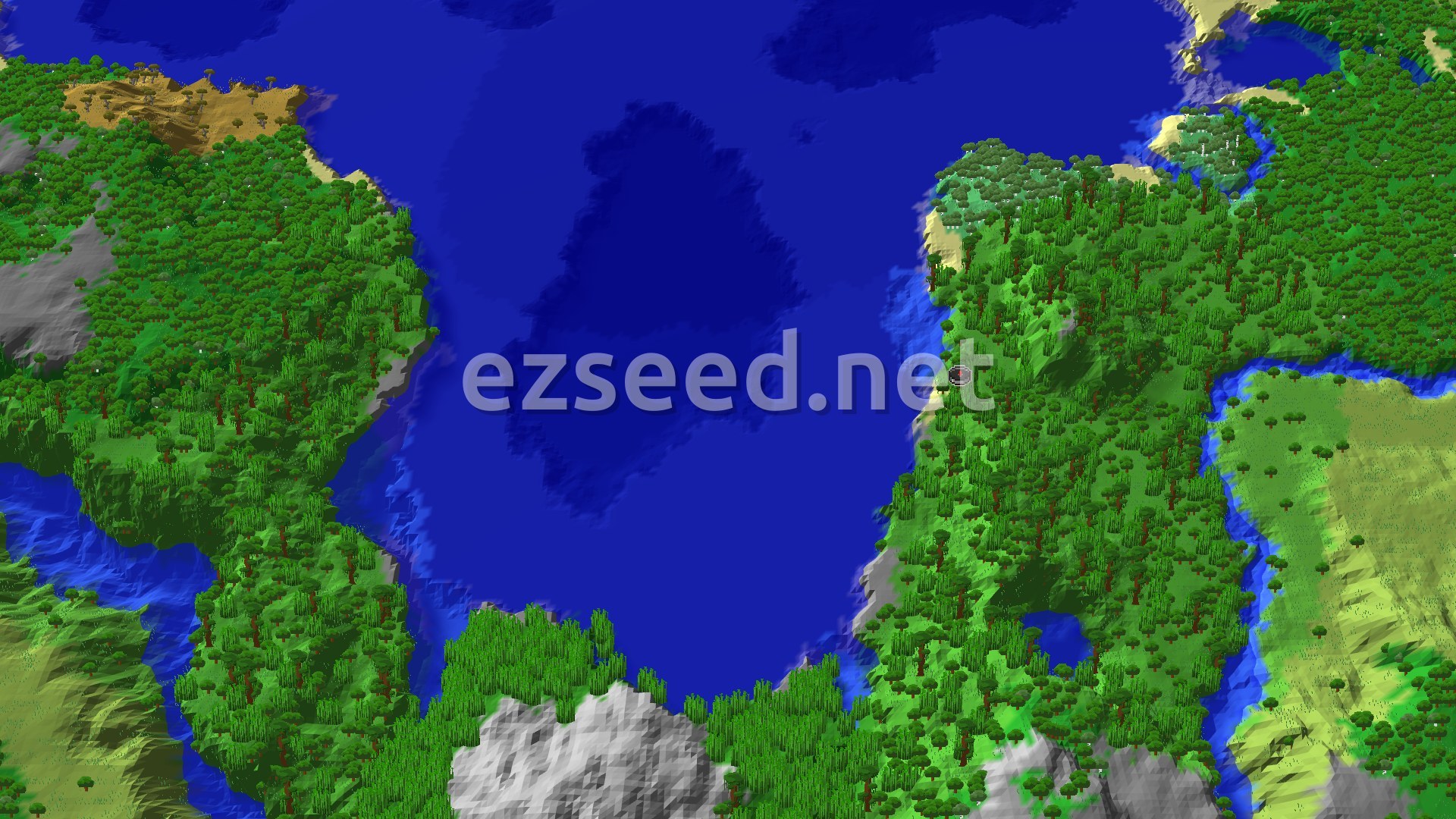 Aerial Minecraft seed map — Jungle Spawn, Nearby Trials, and Distant Peaks