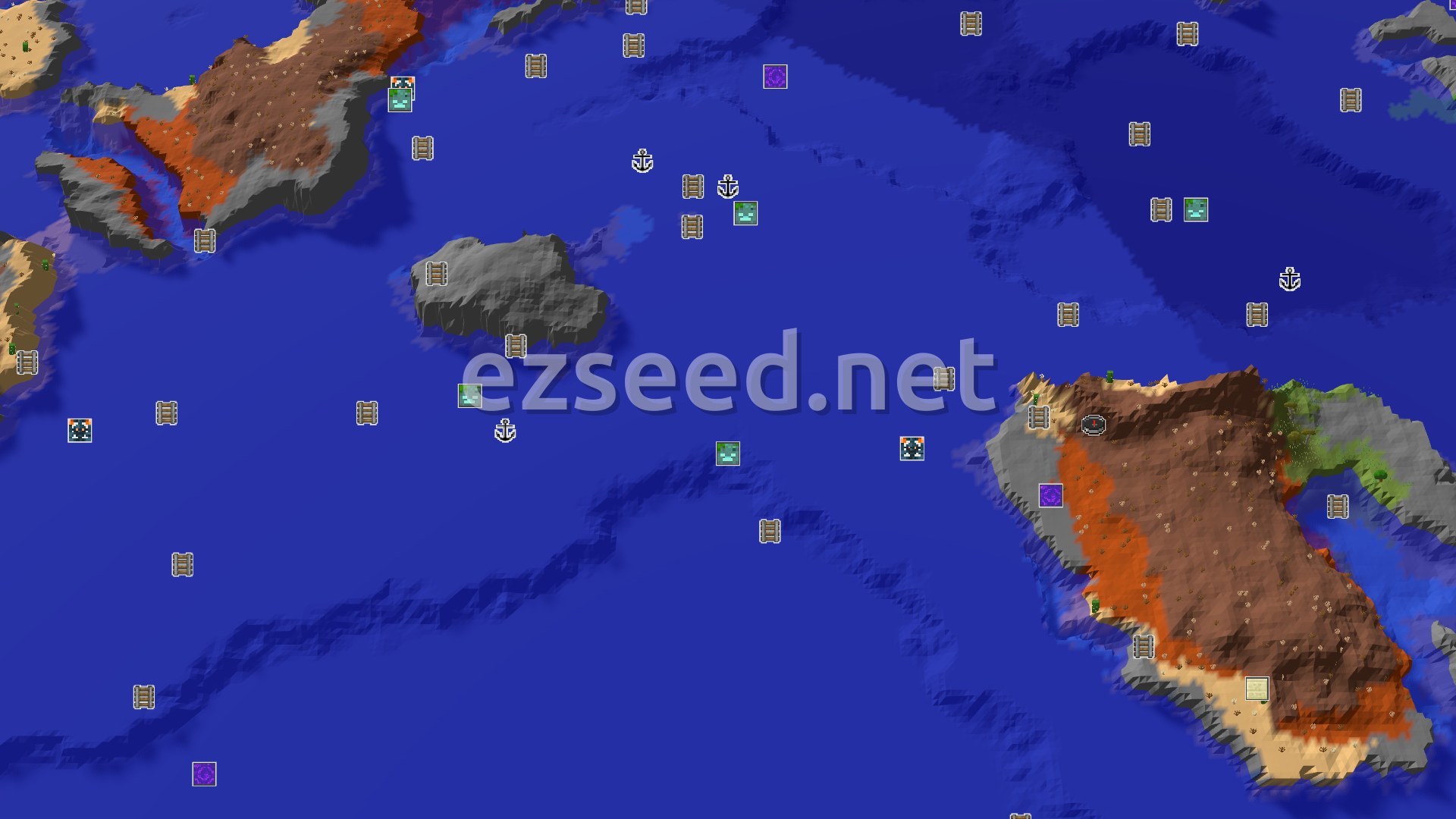 Aerial Minecraft seed map — Ocean Spawns and Badlands Wonders