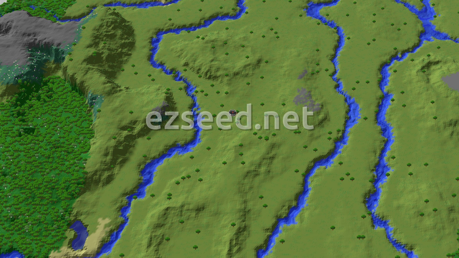 Aerial Minecraft seed map — Spawn in Plains with a Village and Trial Chambers Nearby