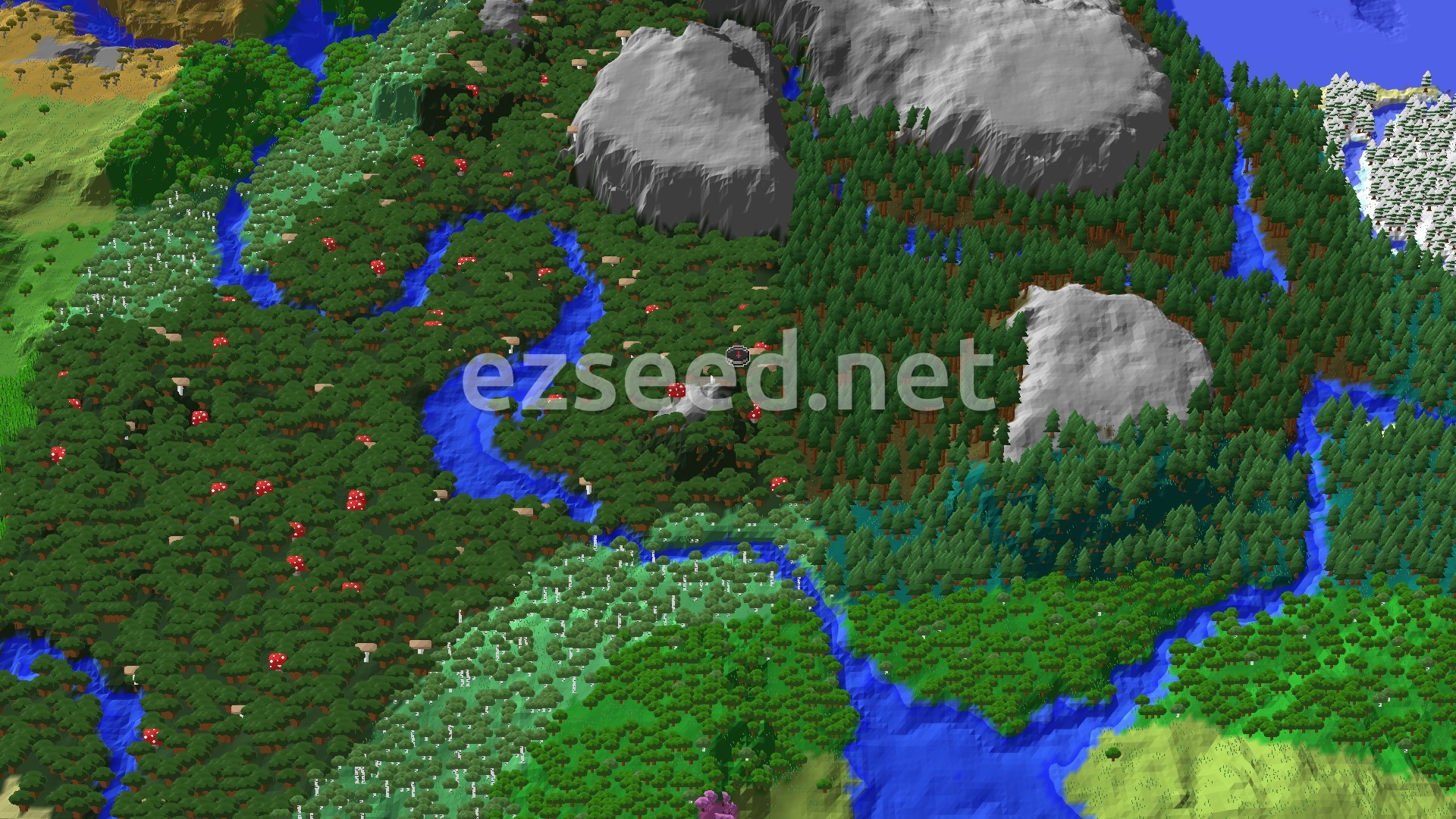 Aerial Minecraft seed map — Dark Forest Spawn with Nearby Trial Chambers