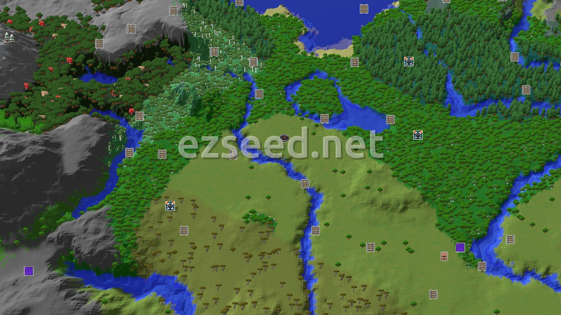 Aerial Minecraft seed map — Spawn in Plains with a Jungle Temple nearby