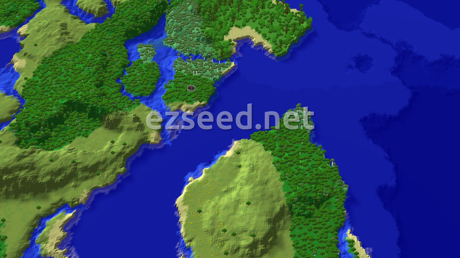 Aerial Minecraft seed map — Forest Spawn with Nearby Jungle and Deep Ocean