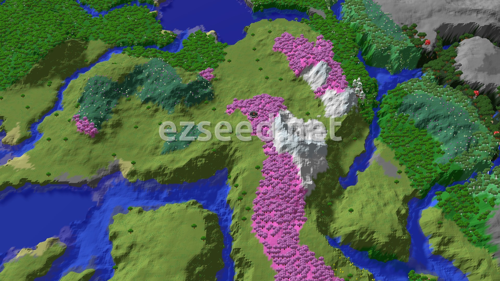 Aerial Minecraft seed map — A Cherry Grove Spawn with Distant Wonders
