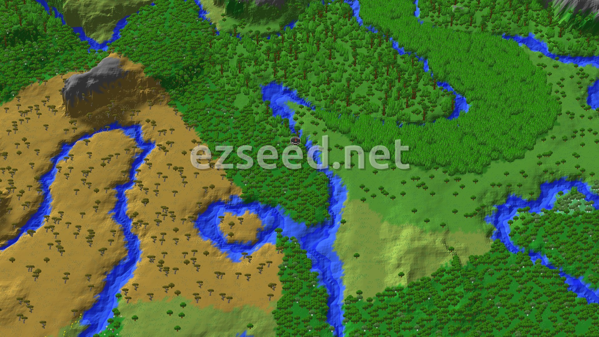 Aerial Minecraft seed map — Jungle Spawn with Nearby Bamboo and Trail Ruins