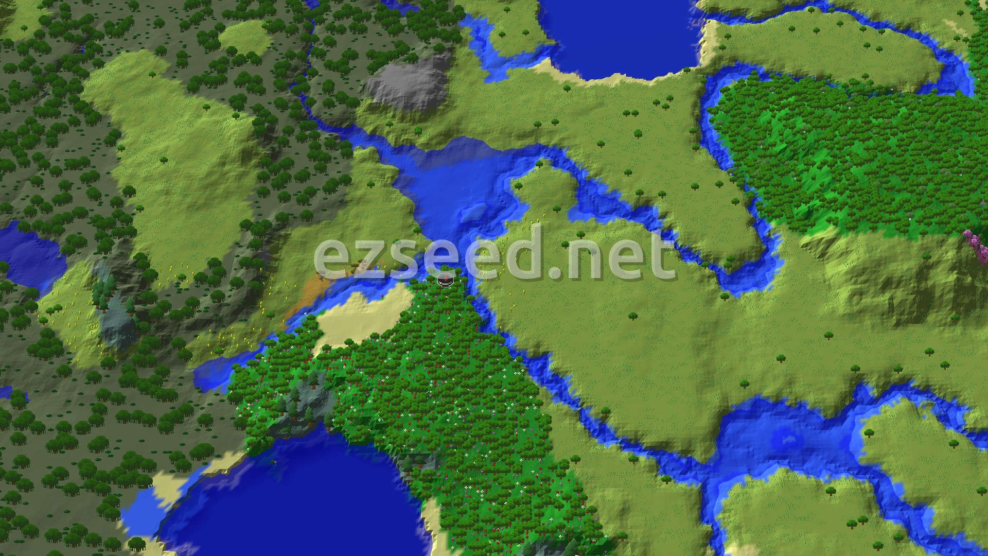 An aerial view of a varied landscape featuring a dense flower forest at the center, surrounded by plains, winding rivers, and small bodies of water, with some sandy beaches visible.