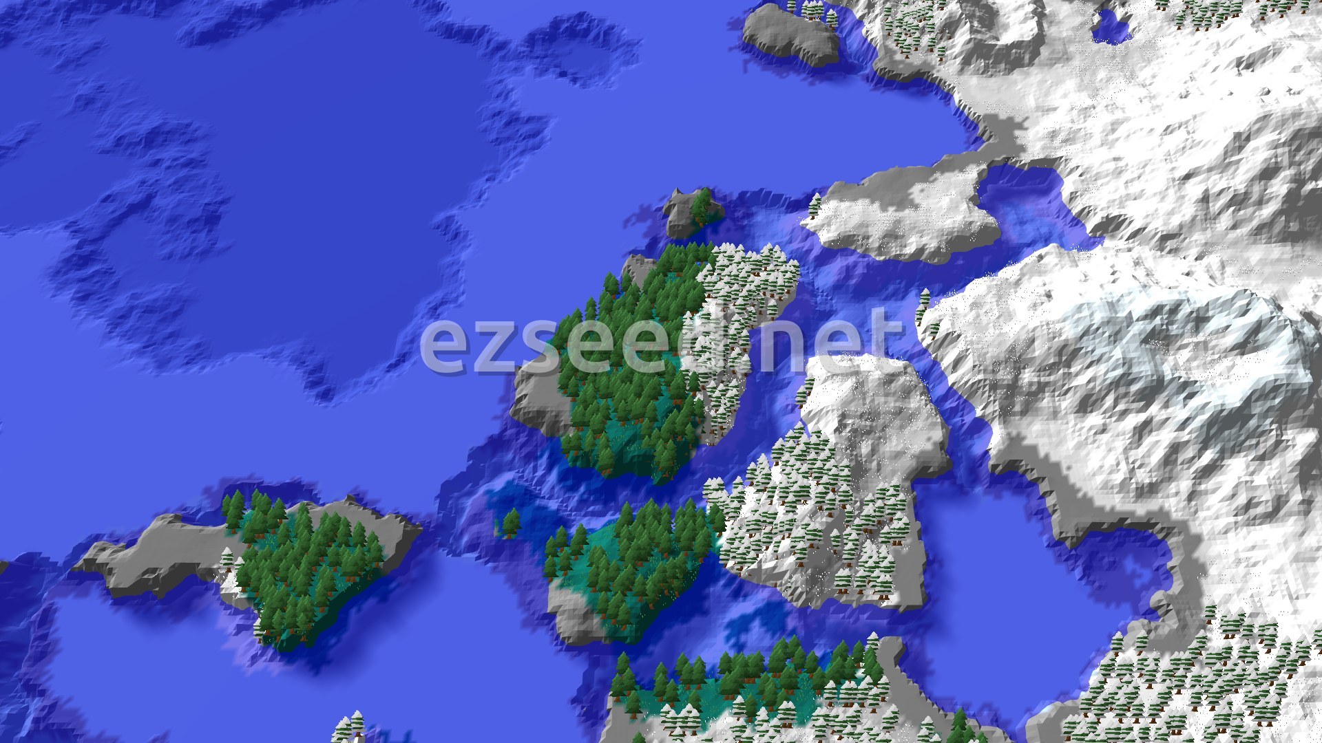 Aerial Minecraft seed map — Spawn in Snowy Taiga with Mountains and Ice Spikes Nearby