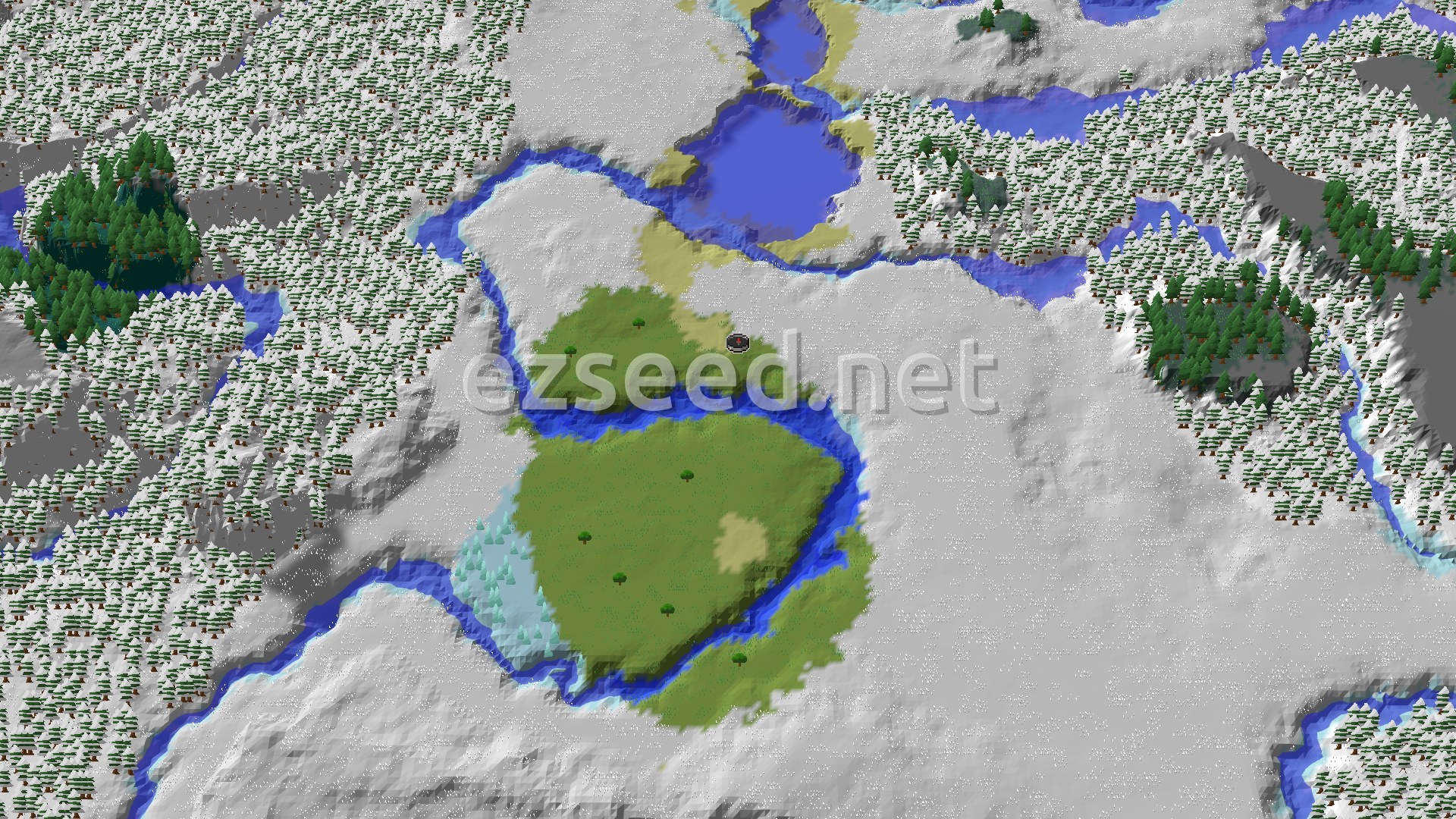 Aerial Minecraft seed map — Spawn in Snow, Find Trail Ruins, or Brave the Warden