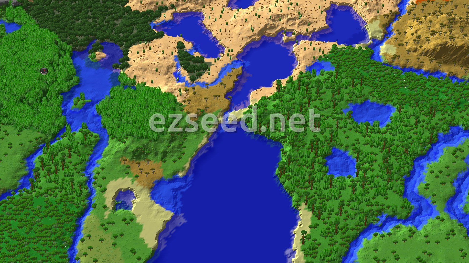 A 3D fly-over view of the terrain around spawn showing a mix of dense green jungle biomes, light sandy desert patches, and winding blue rivers or lakes. There are some hills and valleys, with varied tree cover.