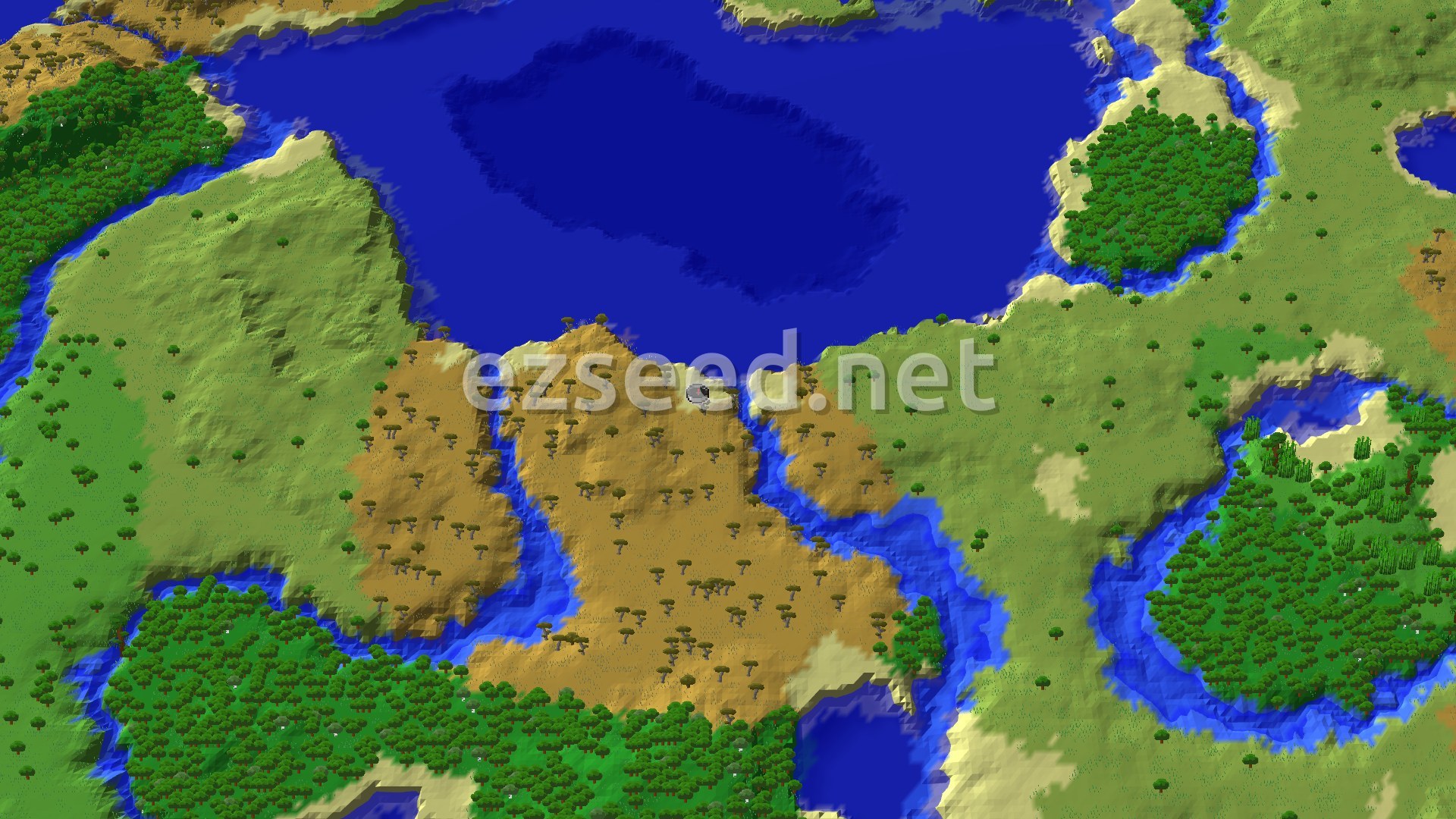 Aerial Minecraft seed map — Savanna Spawn with a Village and Jungle Nearby