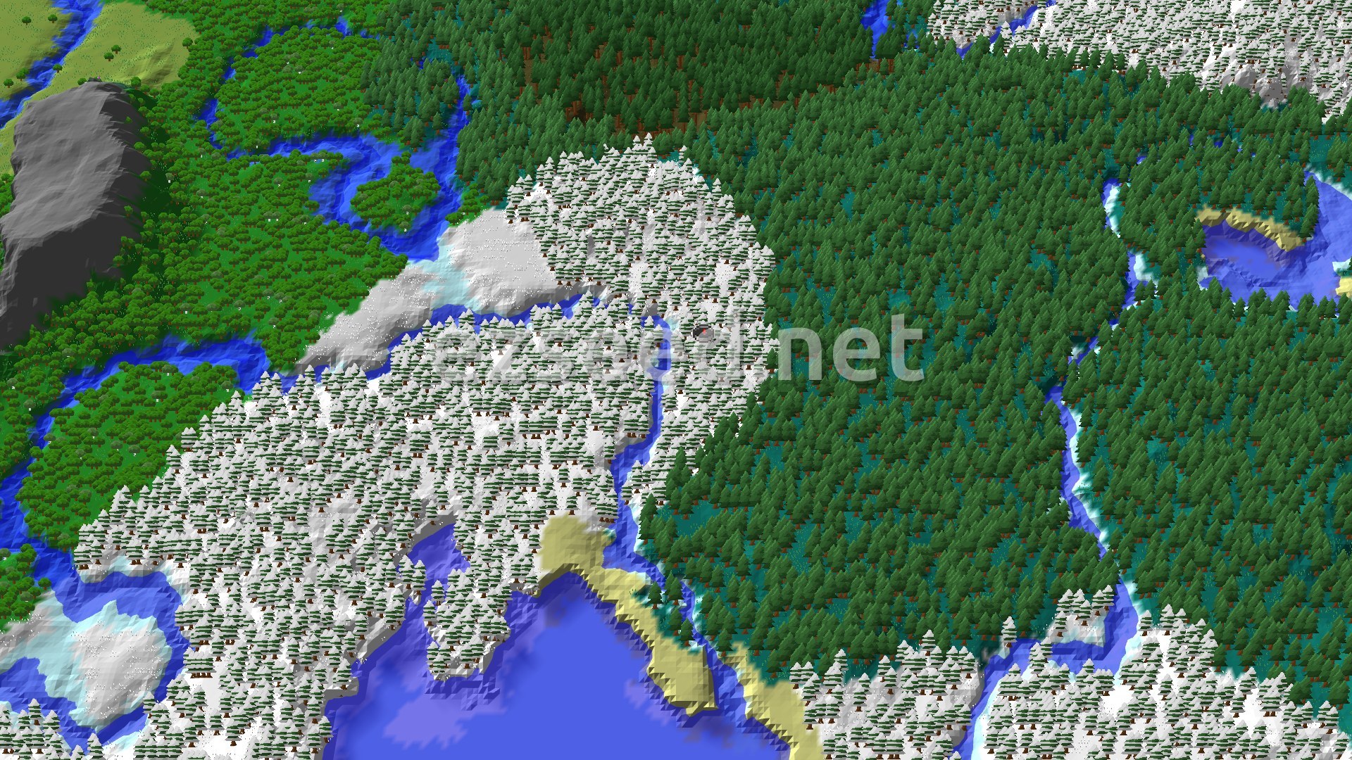 Aerial Minecraft seed map — Snowy Taiga Spawn with Trail Ruins Nearby