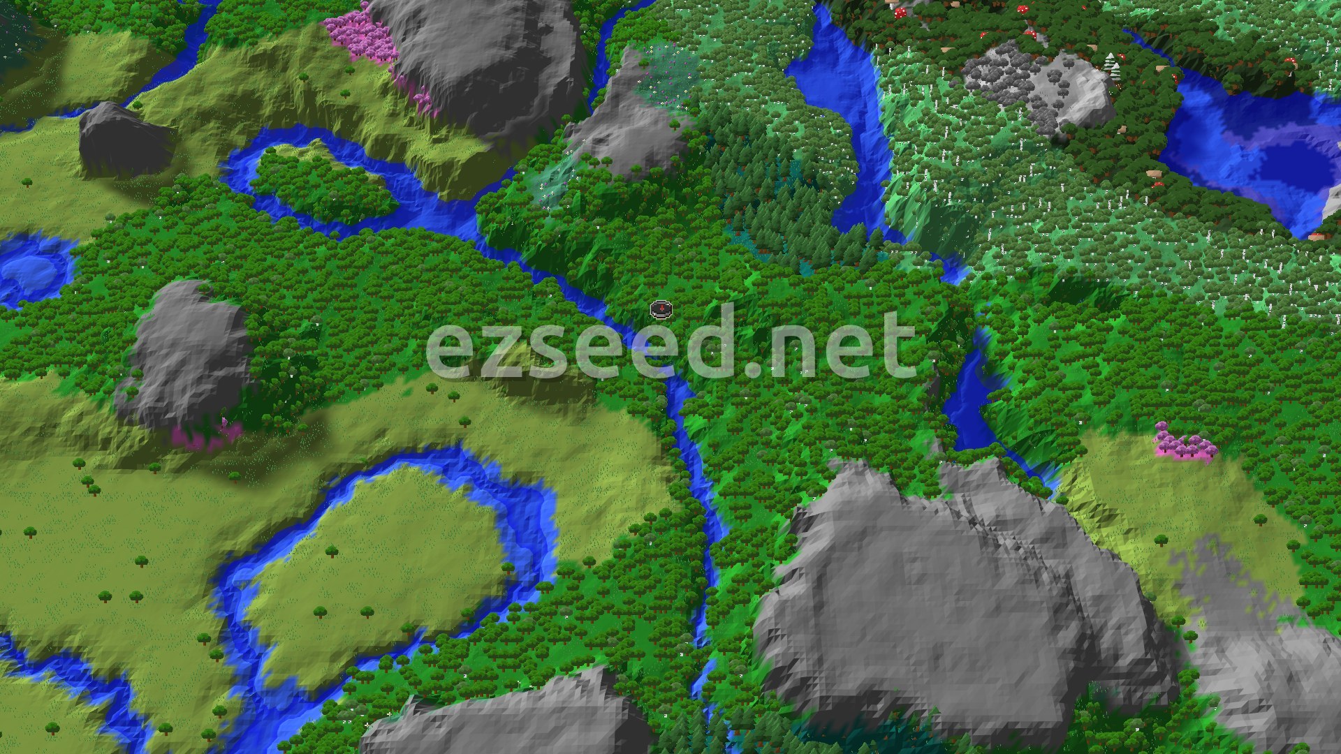 Aerial Minecraft seed map — Woodland Mansion Near Spawn with Cherry Grove