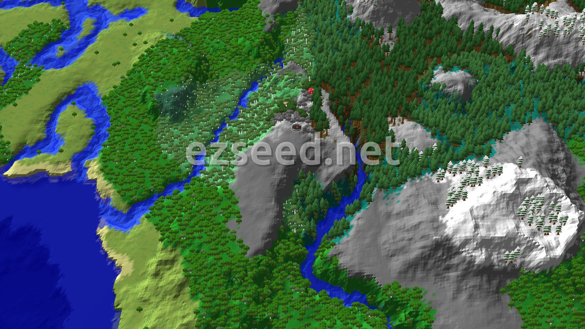 Aerial Minecraft seed map — Pale Garden Spawn with Nearby Peaks and Villages