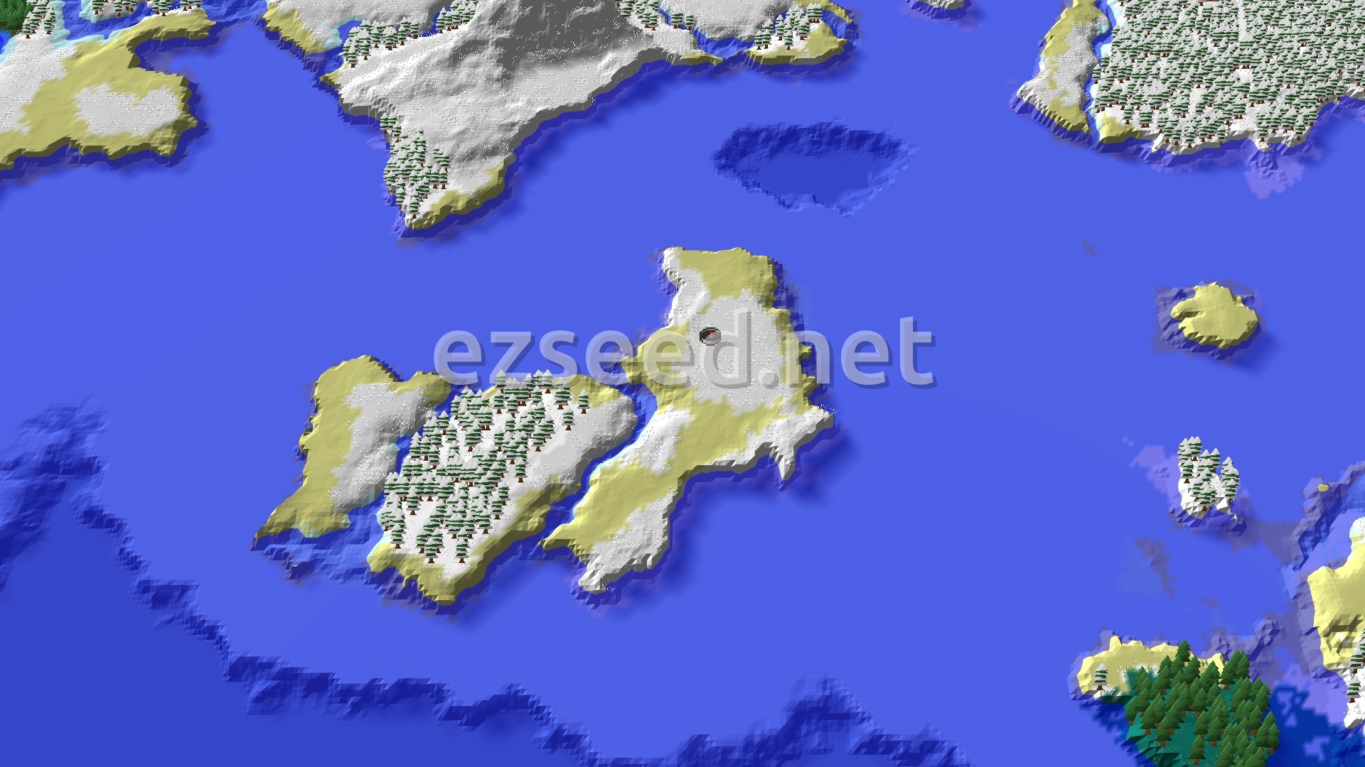 Aerial Minecraft seed map — Island Spawn with Frozen Ocean and Distant Mushroom Fields