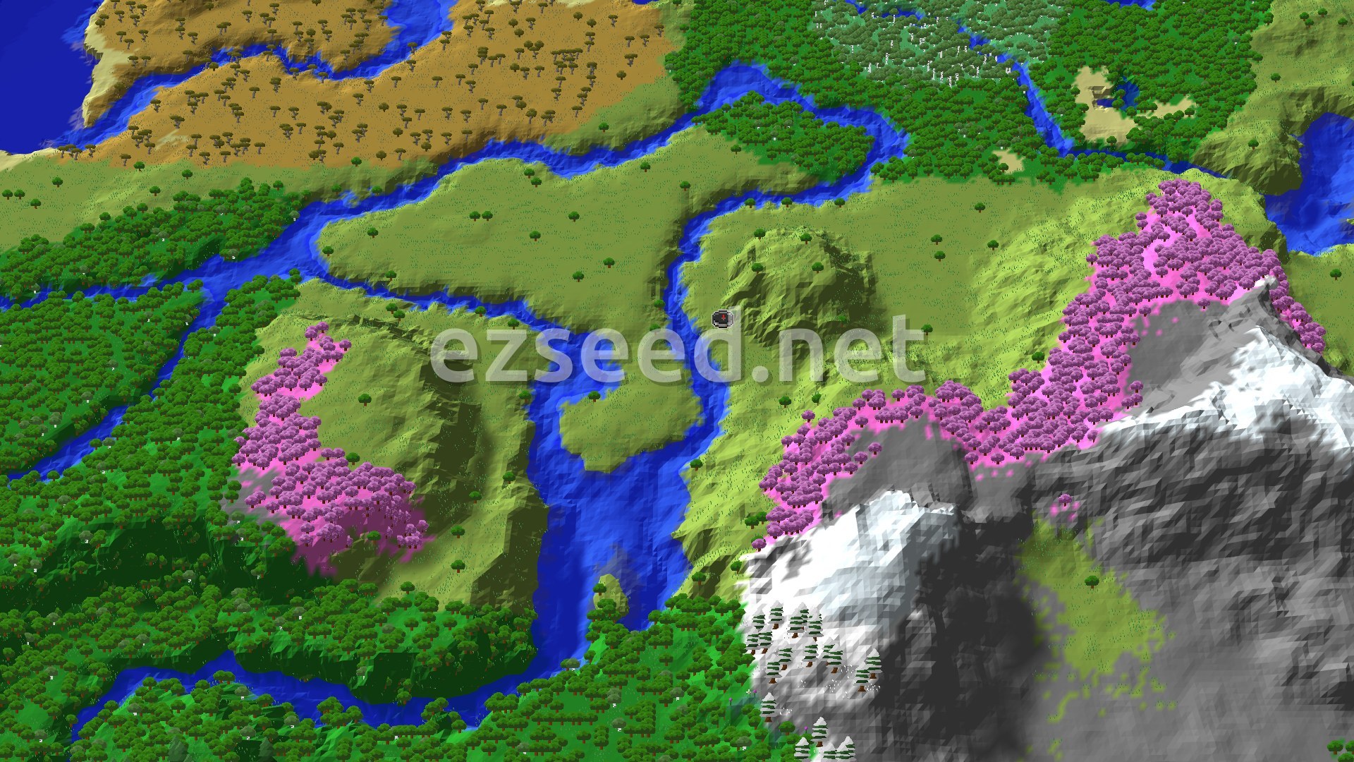 Aerial Minecraft seed map — Cherry Grove Mountainside Near Spawn
