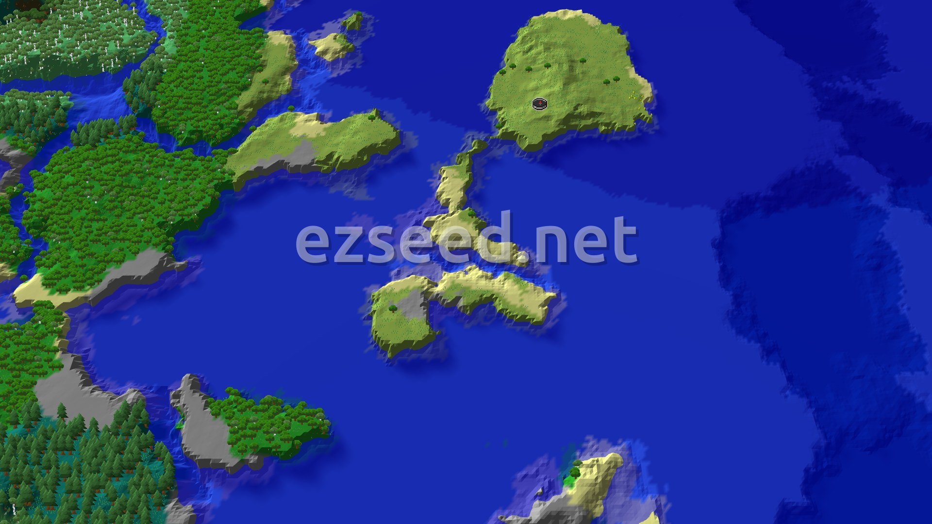 Aerial Minecraft seed map — Island Hopping: A Start with Villages and Chambers