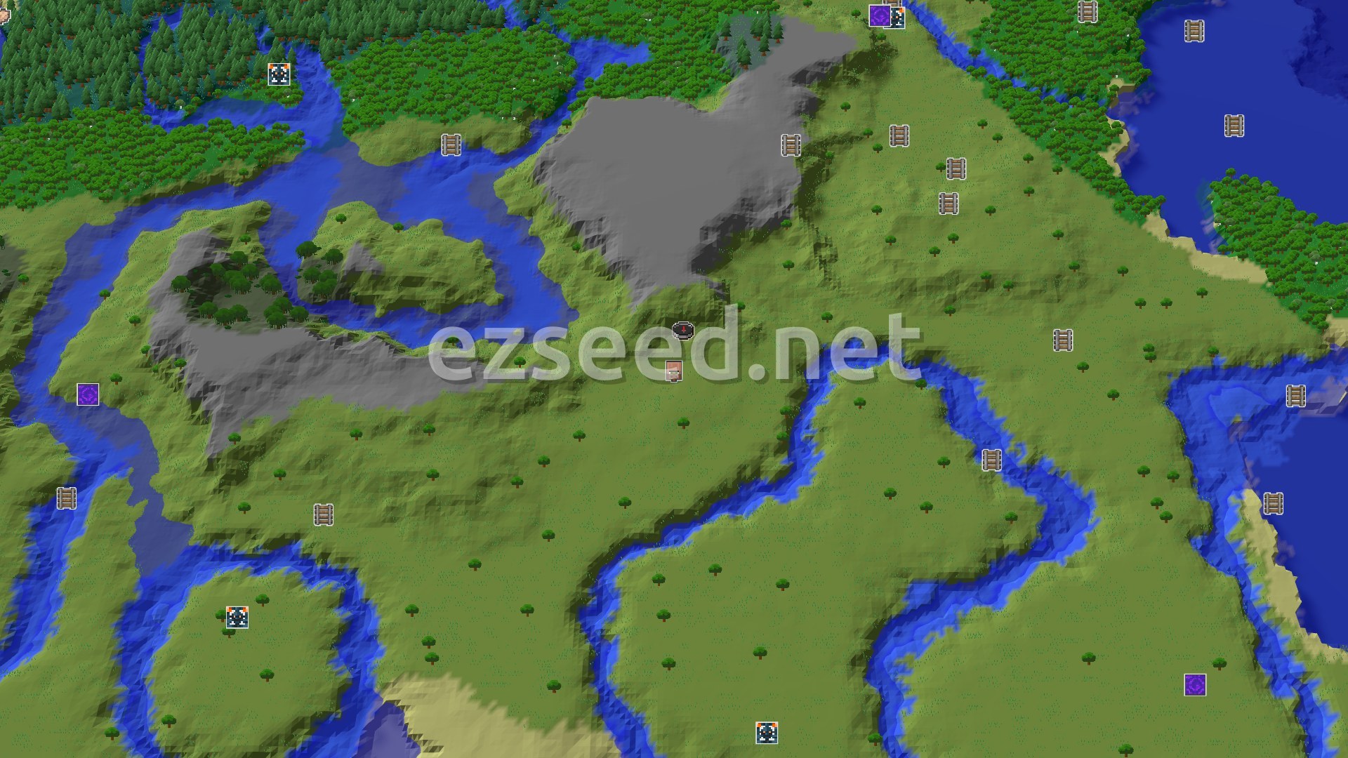 Aerial Minecraft seed map — A Village and Windswept Hills Near Spawn