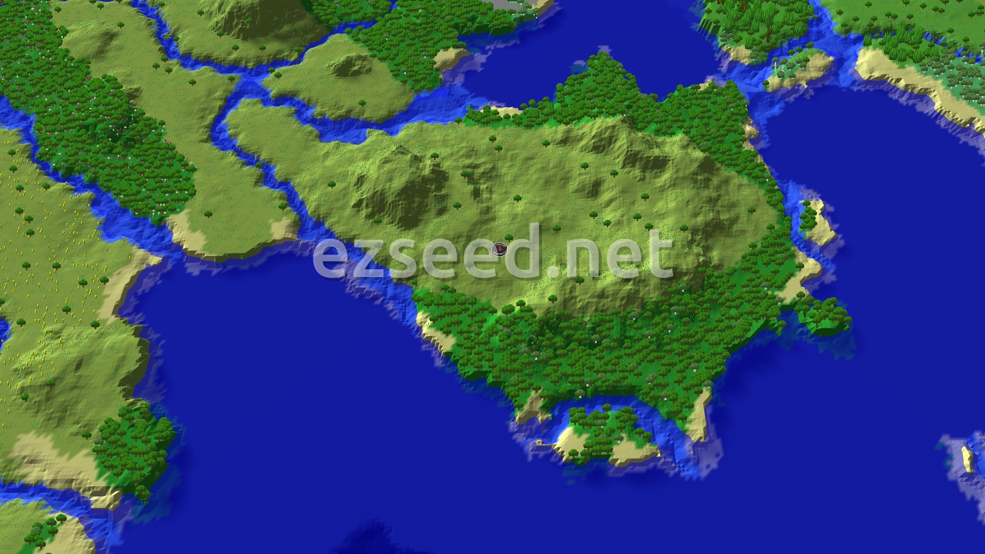 Aerial Minecraft seed map — Pillager Outpost Near a Grassy Island Spawn